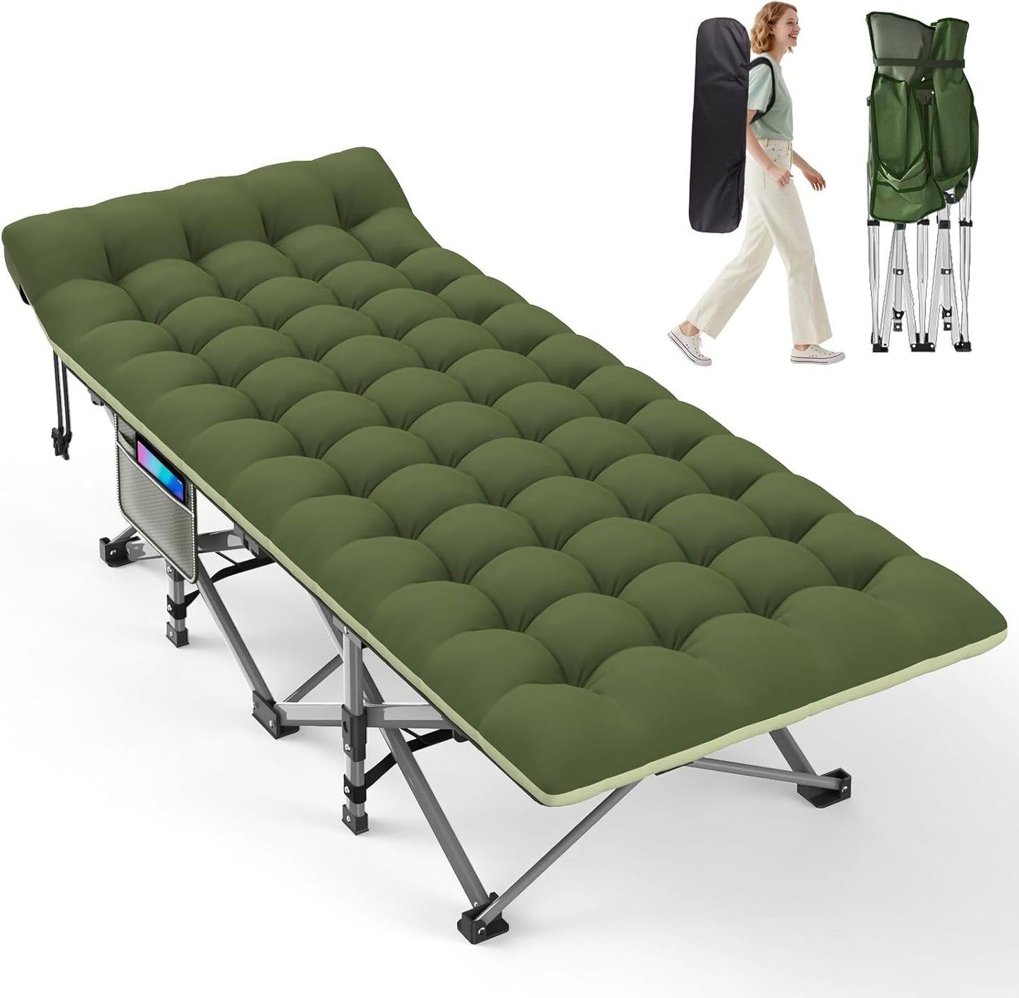 ZENPETIO Camping Cot for Adults, Heavy-Duty Portable Cot Bed with Mattress, Foldable Padded Sleeping Cots for Camping Travel Tent Day Bed Outdoor & Home Guest, Max Load 500 LBS, 75x28x15”