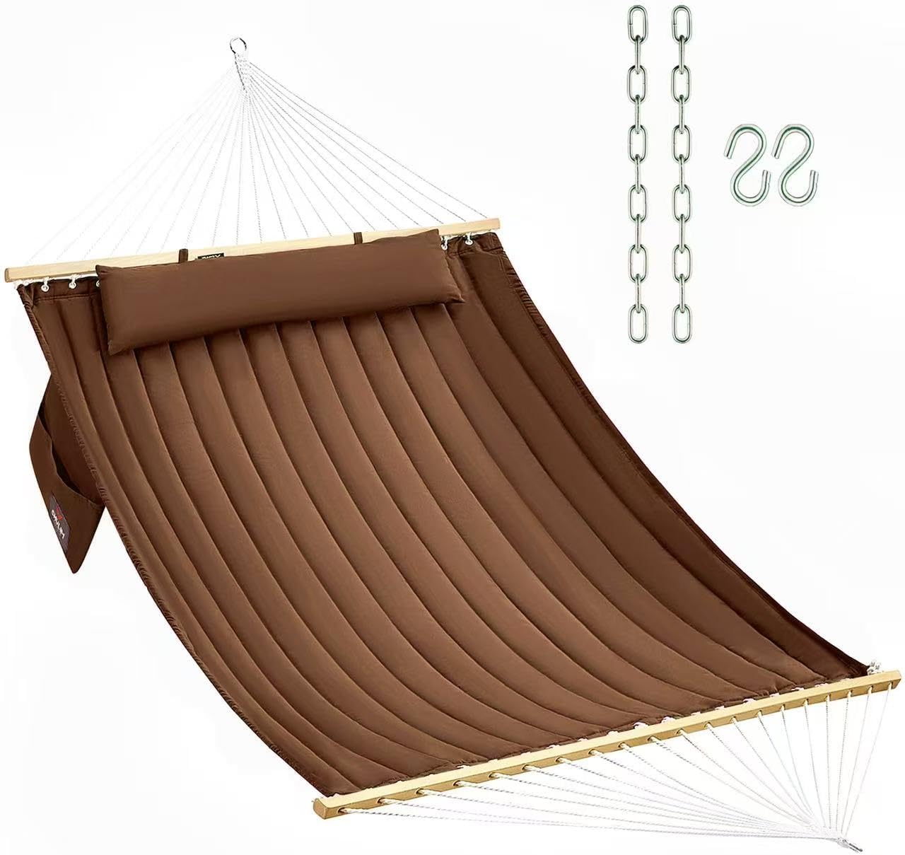 Double Quilted Fabric Hammock with Hardwood Spreader Bars and Pillow 450 LBS Capacity 2 Person Large Hammock for Outdoor Patio Backyard Poolside - Green