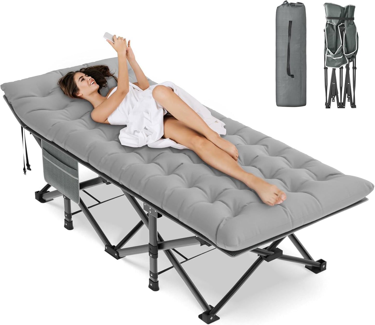 ZENPETIO Camping Cot for Adults, Heavy-Duty Portable Cot Bed with Mattress, Foldable Padded Sleeping Cots for Camping Travel Tent Day Bed Outdoor & Home Guest, Max Load 500 LBS, 75x28x15”