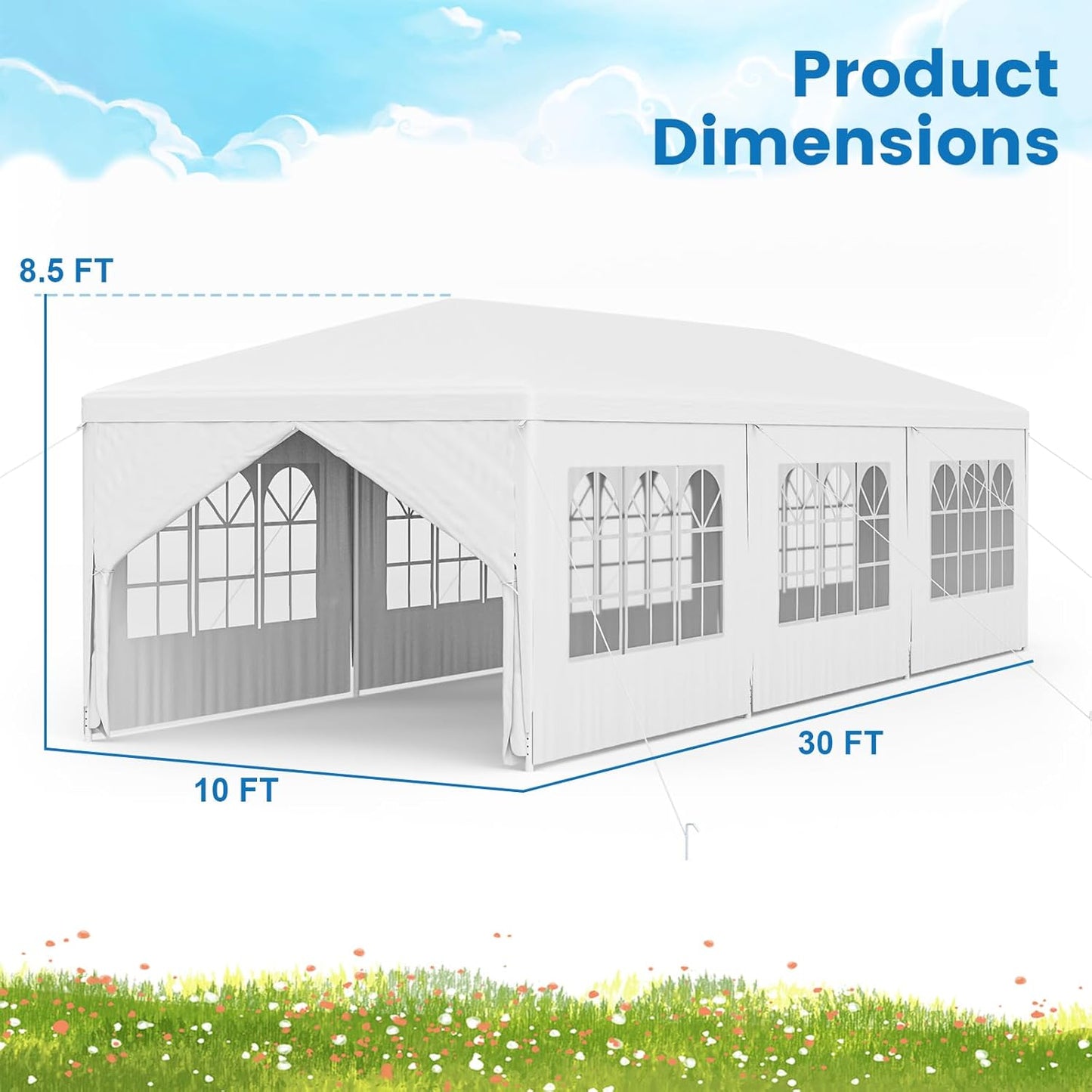 Tangkula Heavy Duty Party Tent - 10x30 Ft White Event Tent with 6 Sidewalls & 2 Zippered Doors, Ideal for Outdoor Weddings, Parties & Backyard Events