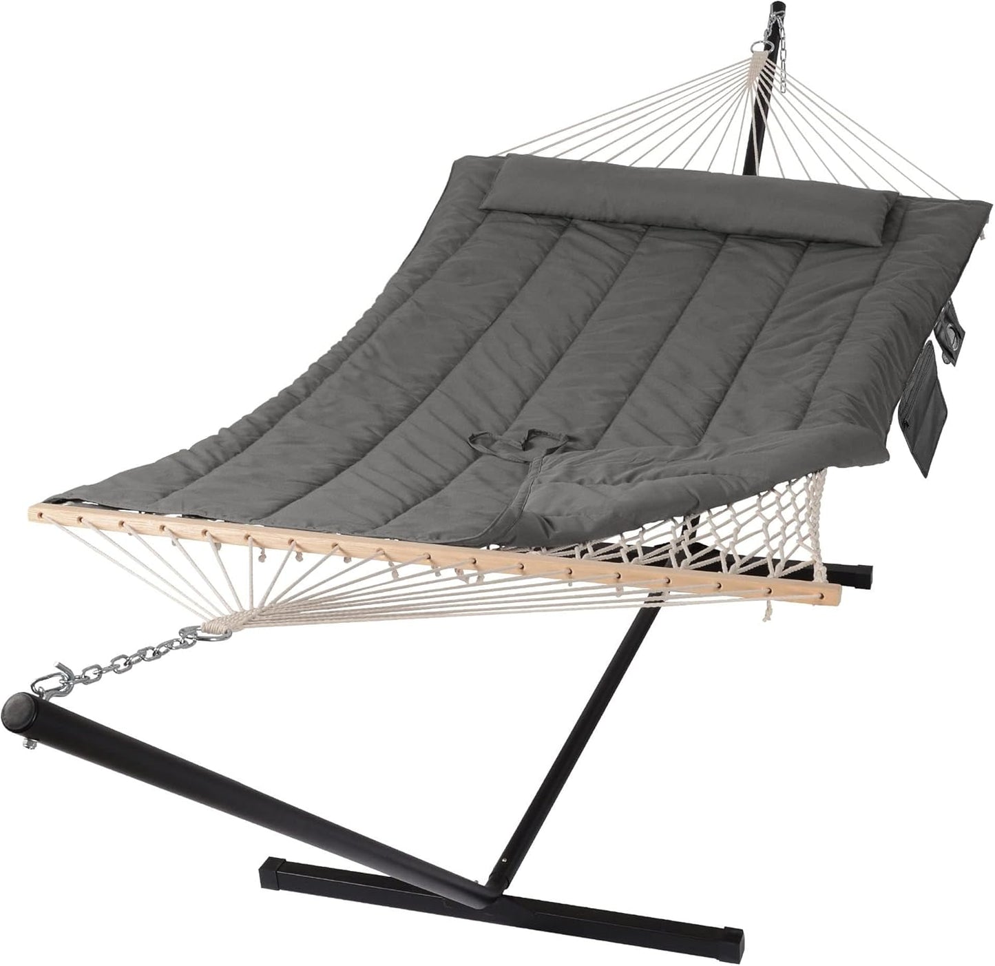 SUNCREAT Double Outdoor Hammock with Stand, Two Person Cotton Rope Hammock with Polyester Pad, Dark Gray