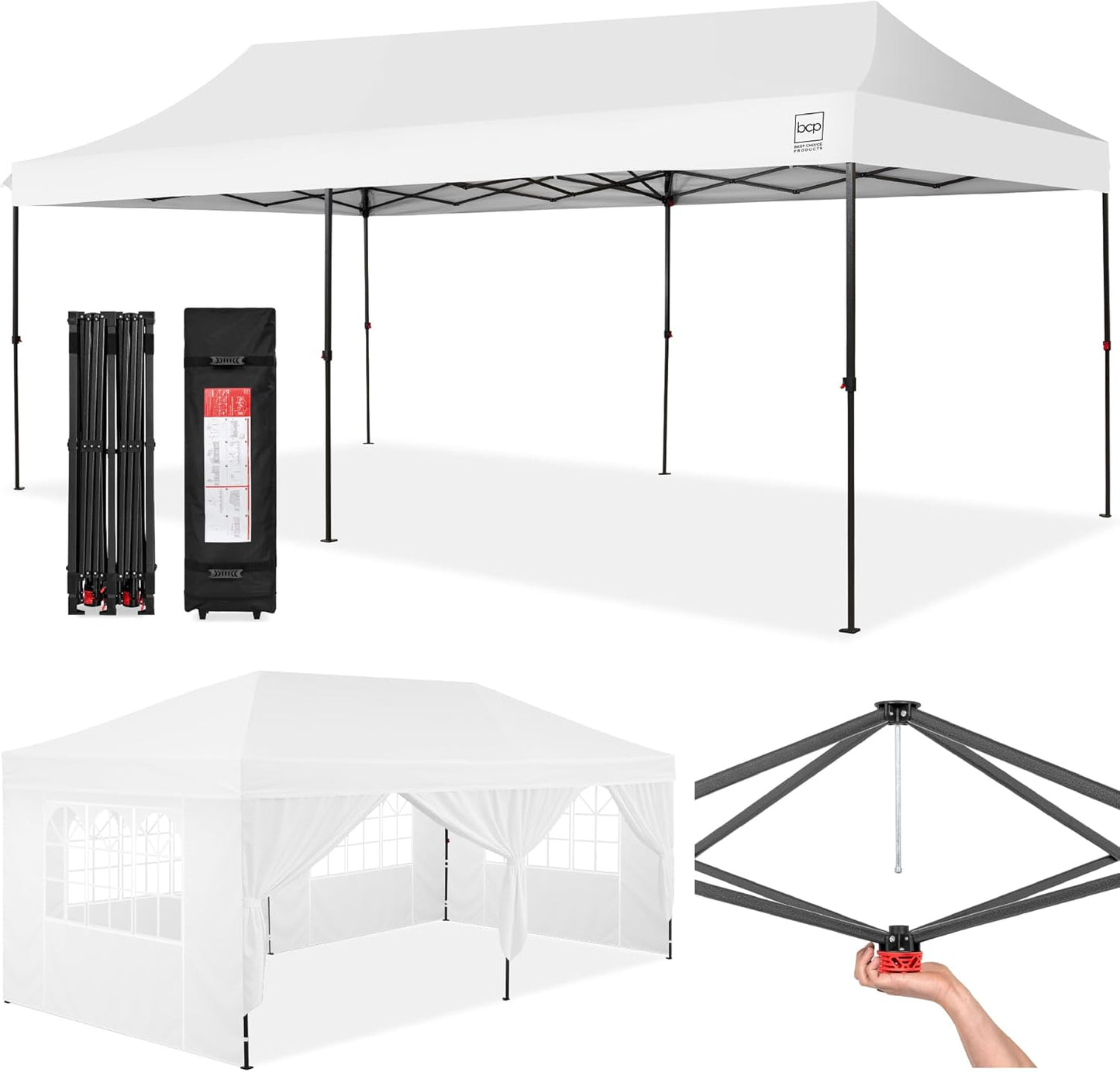 Best Choice Products 10x20 Party Tent, Heavy Duty Waterproof Large Outdoor Event Easy Pop Up Canopy Shelter w/Sidewalls, 1-Button Setup, Wheeled Case, Weight Bags - White