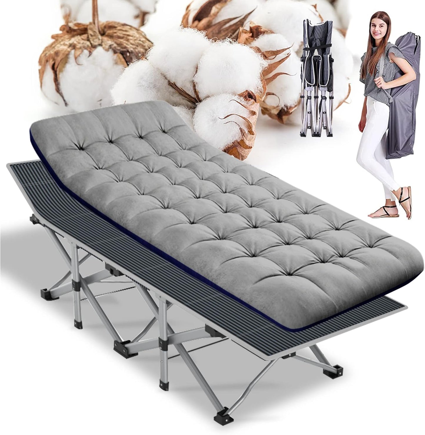 ABORON Folding Camping Cot W/Mat for Adults, Heavy Duty Outdoor Bed with Carry Bag,1200 D Layer Oxford Travel Camp Cots