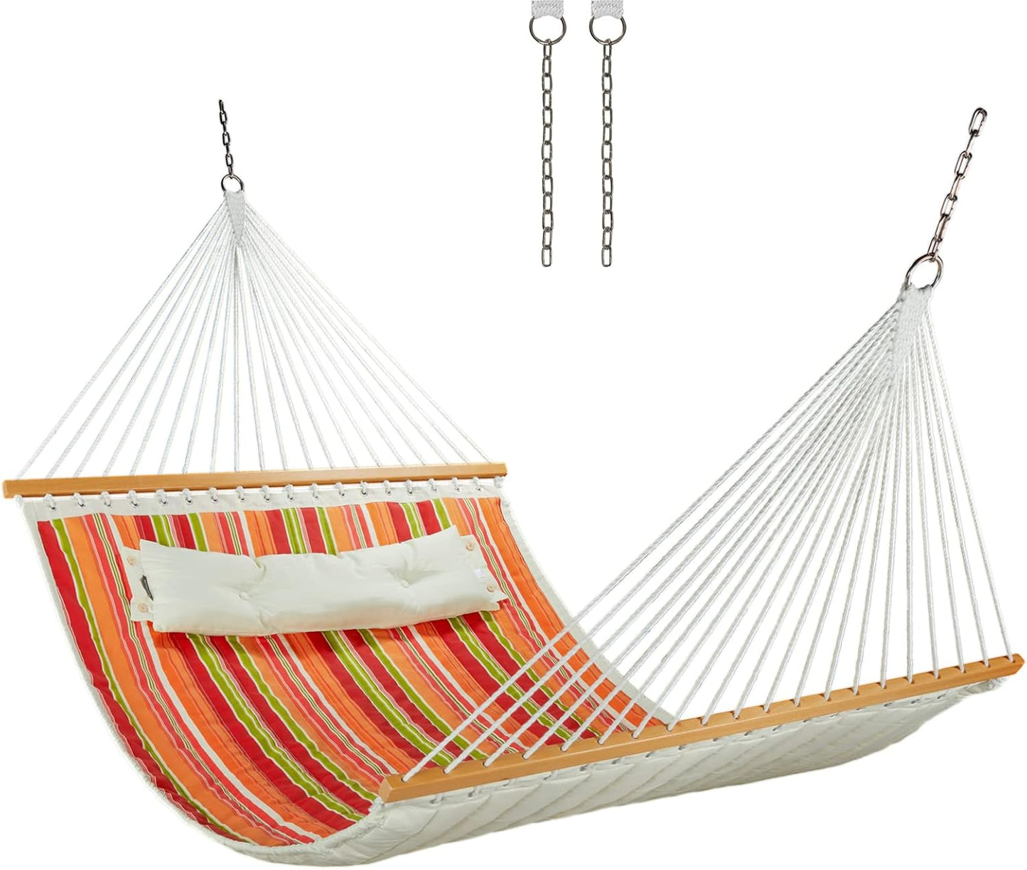 Double Quilted Fabric Hammock with Hardwood Spreader Bars and Pillow 450 LBS Capacity 2 Person Large Hammock for Outdoor Patio Backyard Poolside - Green