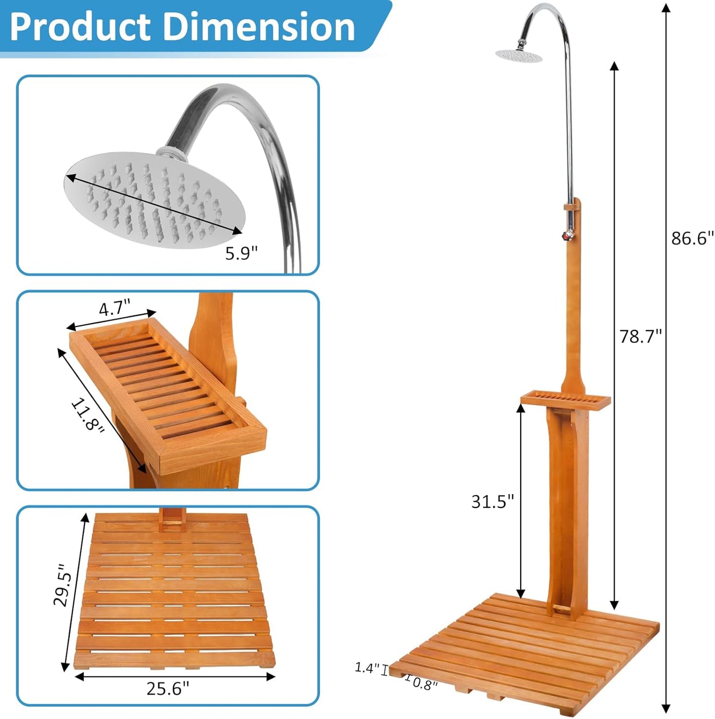 Portable Outdoor Shower Kit with Wooden Base – Backyard, Poolside & Patio Freestanding Shower for Garden or Pool Use