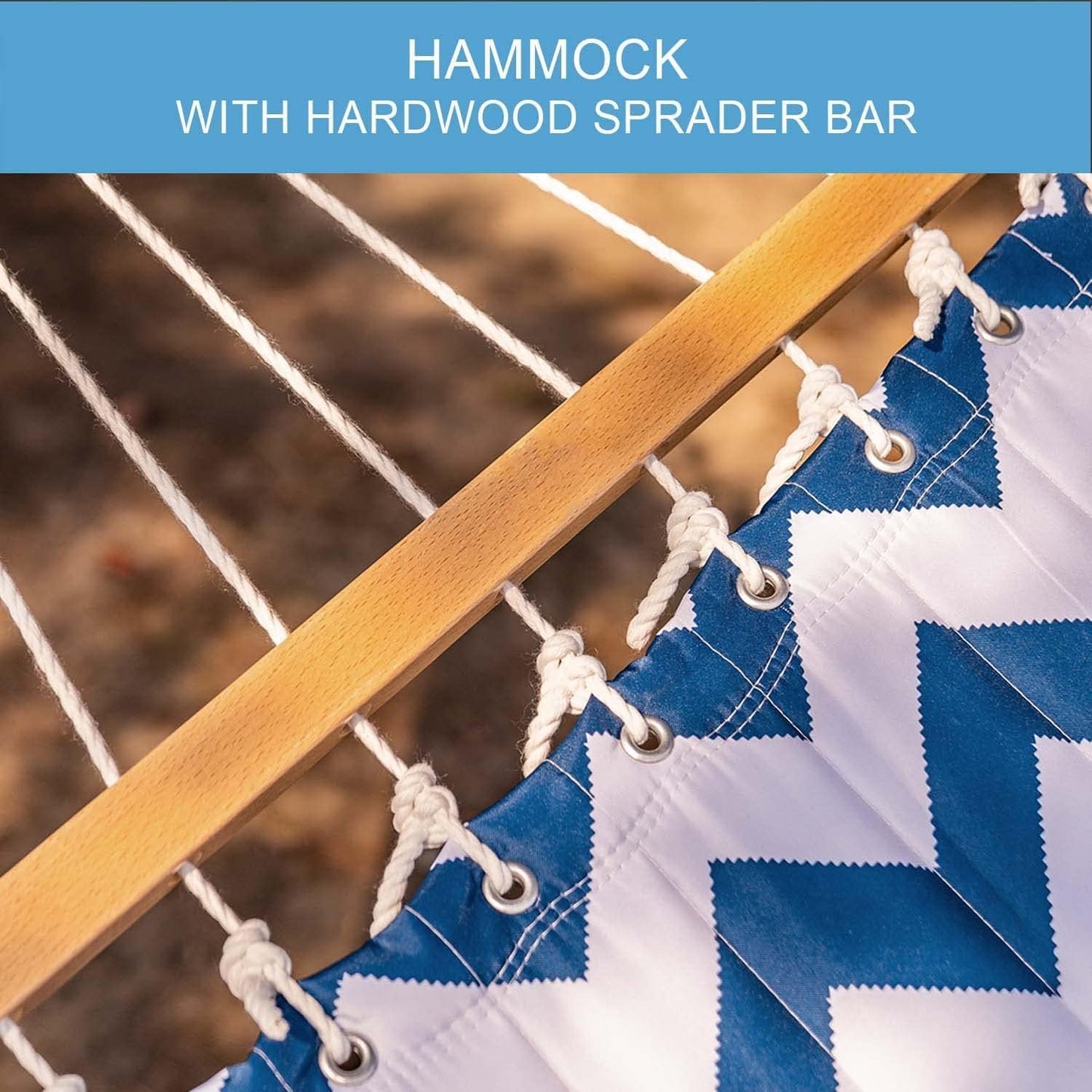 Lazy Daze Hammocks 12 FT Double Quilted Hammock with Spreader Bars and Detachable Pillow, 2 Person Hammock for Outdoor Patio Backyard Poolside, 450 LBS Weight Capacity, Blue Chevron Stripe