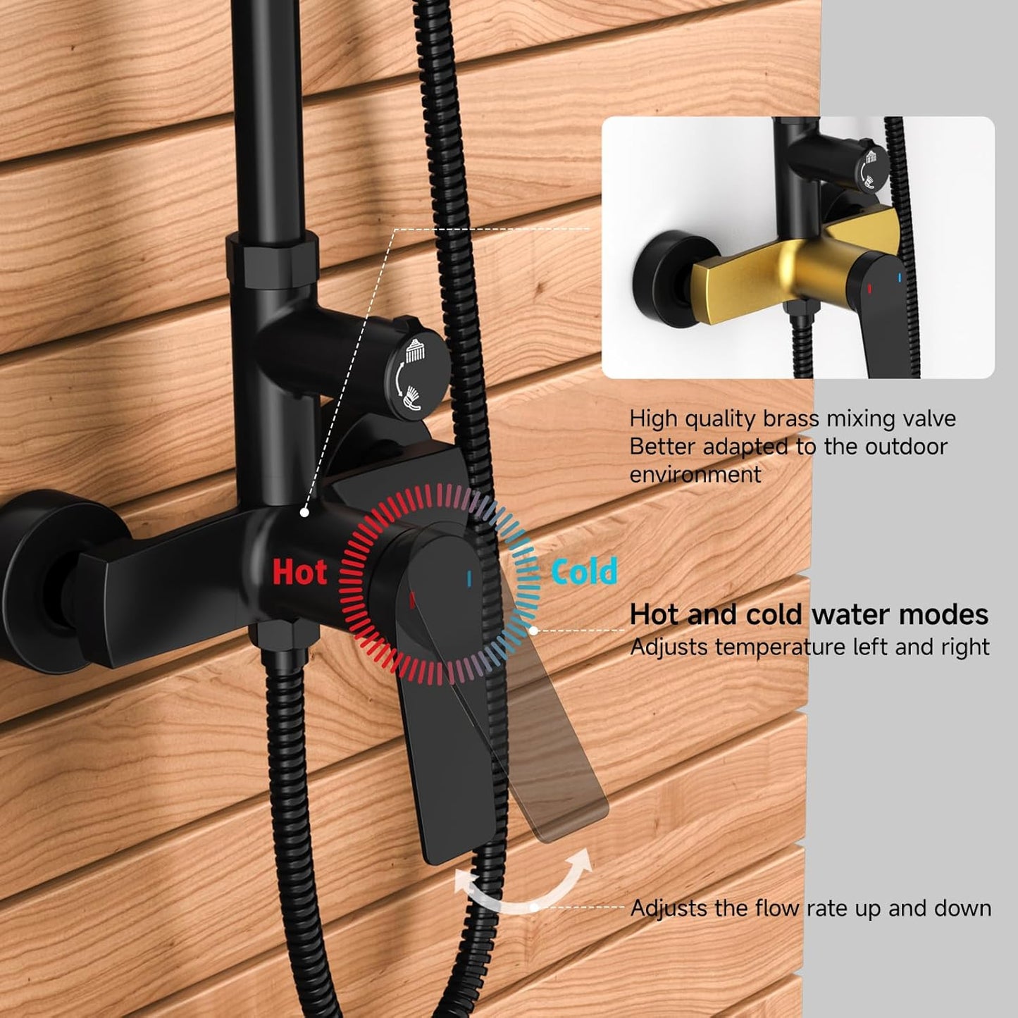 Rainsworth Outdoor Shower Kit Matte Black - Single Handle Brass Valve, 8 Inch Rain Shower Head and Handheld Spray Shower Fixture Combo, 304 Stainless Steel Wall Mount