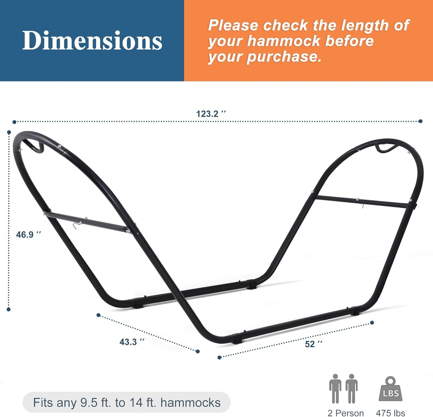 SUNCREAT Universal Steel Outdoor Hammock Stand Only, Heavy Duty, Weather-Resistant Hammock Stand for Outside, Fits 9.5 to 14 Feet Long Hammock, 475-Pound Capacity, Patent Pending, Black