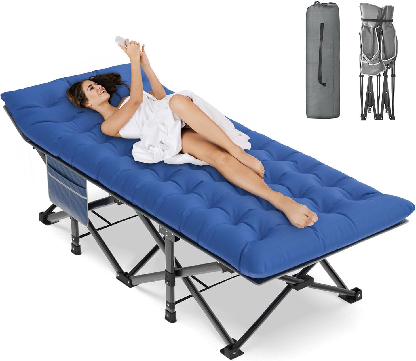 ZENPETIO Camping Cot for Adults, Heavy-Duty Portable Cot Bed with Mattress, Foldable Padded Sleeping Cots for Camping Travel Tent Day Bed Outdoor & Home Guest, Max Load 500 LBS, 75x28x15”