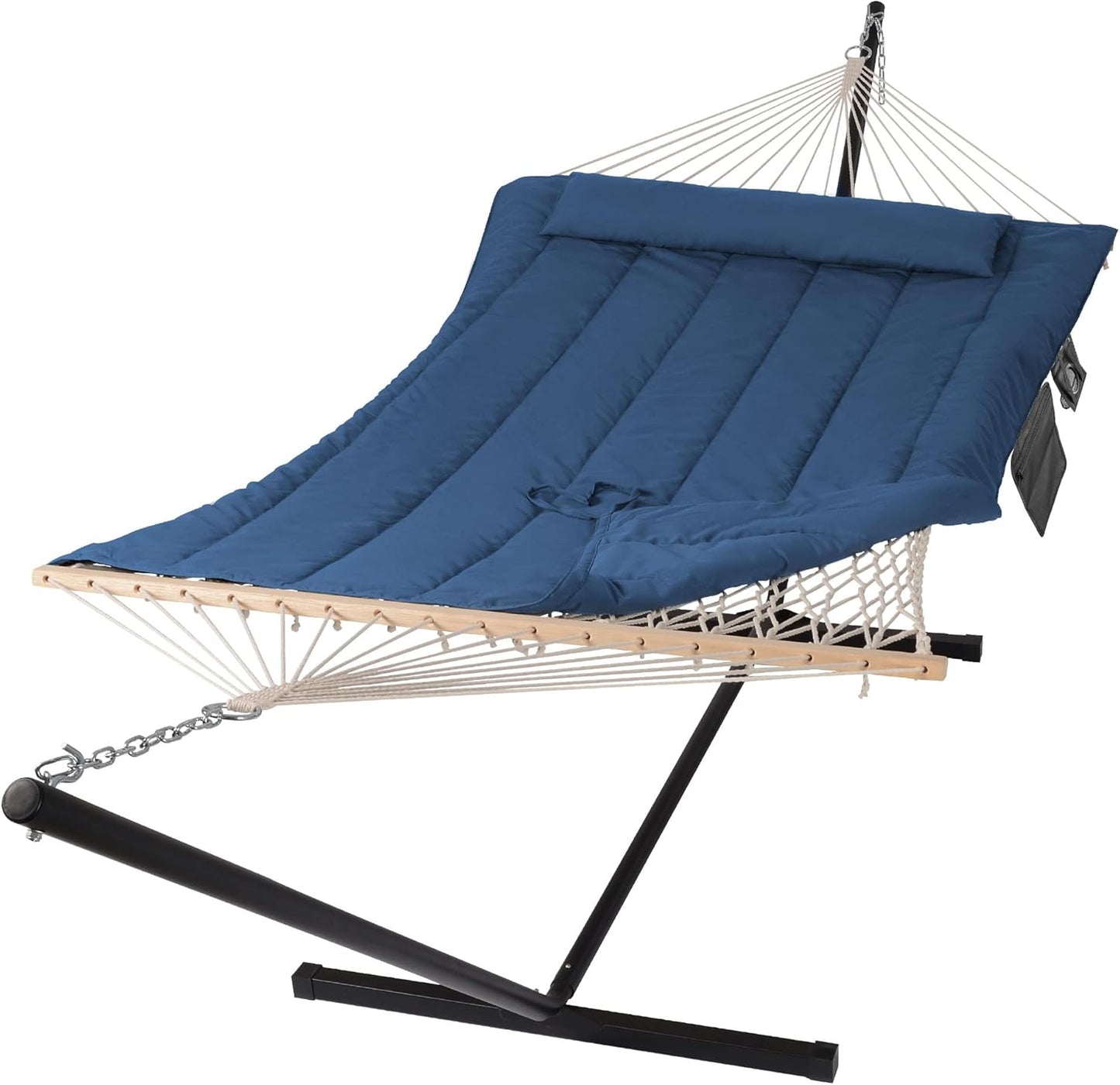 SUNCREAT Double Outdoor Hammock with Stand, Two Person Cotton Rope Hammock with Polyester Pad, Dark Gray