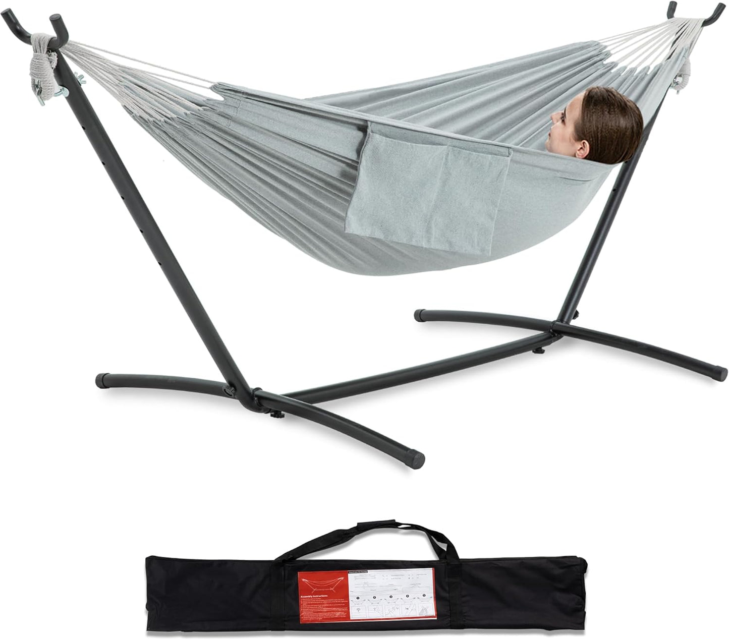 PNAEUT Double Hammocks with Stand for Outside, Portable Space Saving Heavy-Duty Steel Stand for Indoor Outdoor Patio with Carrying Bag, 450 lbs Capacity (Coffee)