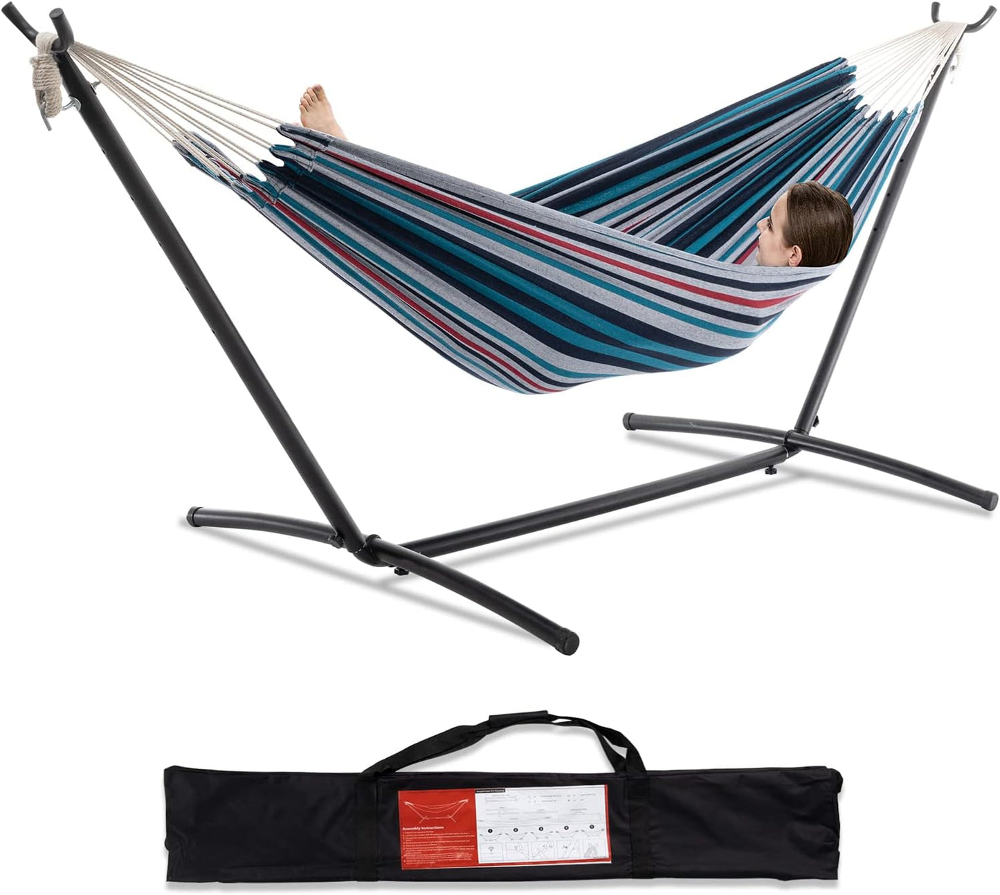 PNAEUT Double Hammocks with Stand for Outside, Portable Space Saving Heavy-Duty Steel Stand for Indoor Outdoor Patio with Carrying Bag, 450 lbs Capacity (Coffee)