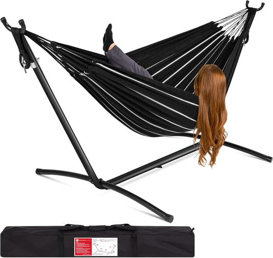 Best Choice Products Double Hammock with Steel Stand, Indoor Outdoor Brazilian-Style Cotton Bed w/Carrying Bag, 2-Person Capacity - Onyx