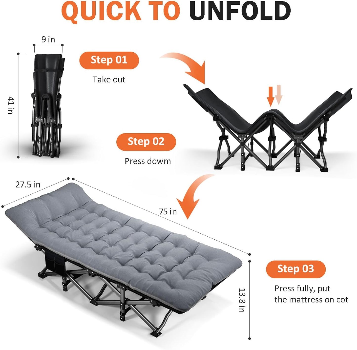 ATORPOK Camping Cot for Adults with Cushion Comfortable, Portable Folding Bed for Sleeping Supports 450 lbs (Gray)