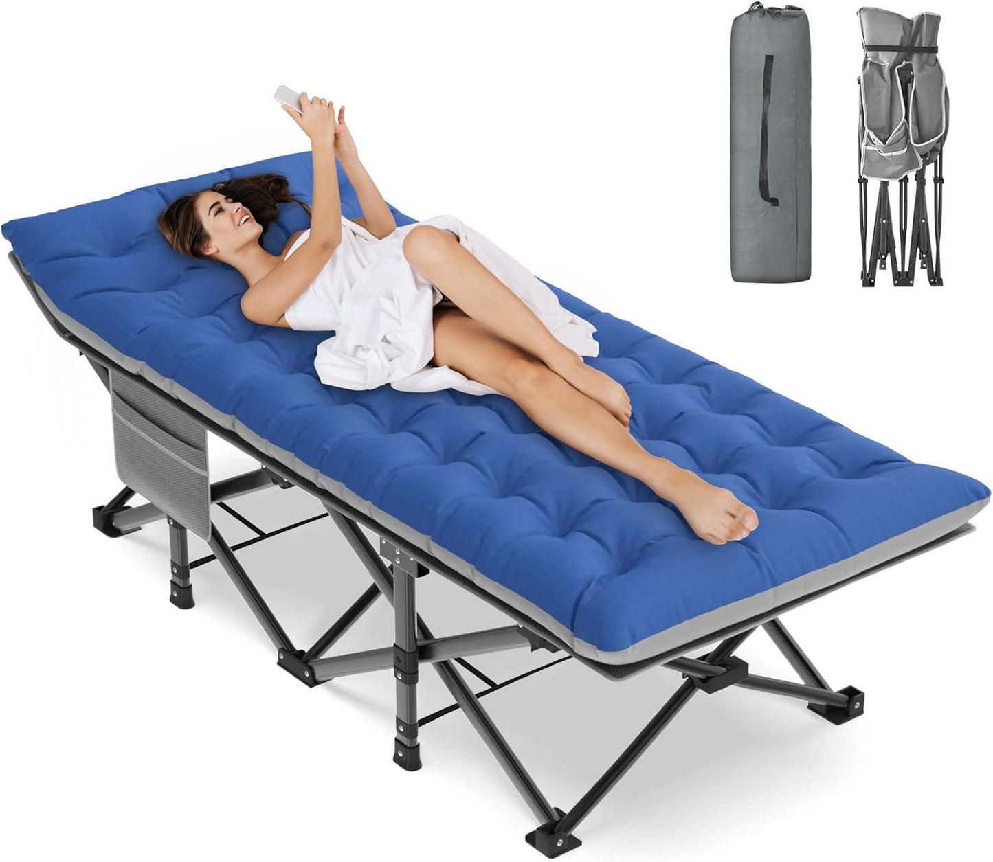 ZENPETIO Camping Cot for Adults, Heavy-Duty Portable Cot Bed with Mattress, Foldable Padded Sleeping Cots for Camping Travel Tent Day Bed Outdoor & Home Guest, Max Load 500 LBS, 75x28x15”