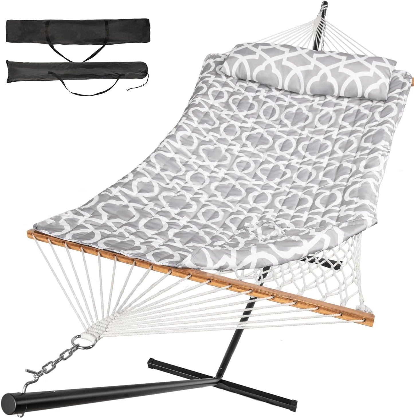 2 Person Outdoor Hammock with Stand, Cotton Rope Hammock with Polyester Pad, Adjustable Steel Frame, Portable with Carrying Bag – for Patio, Backyard, Garden, Beach, Blue