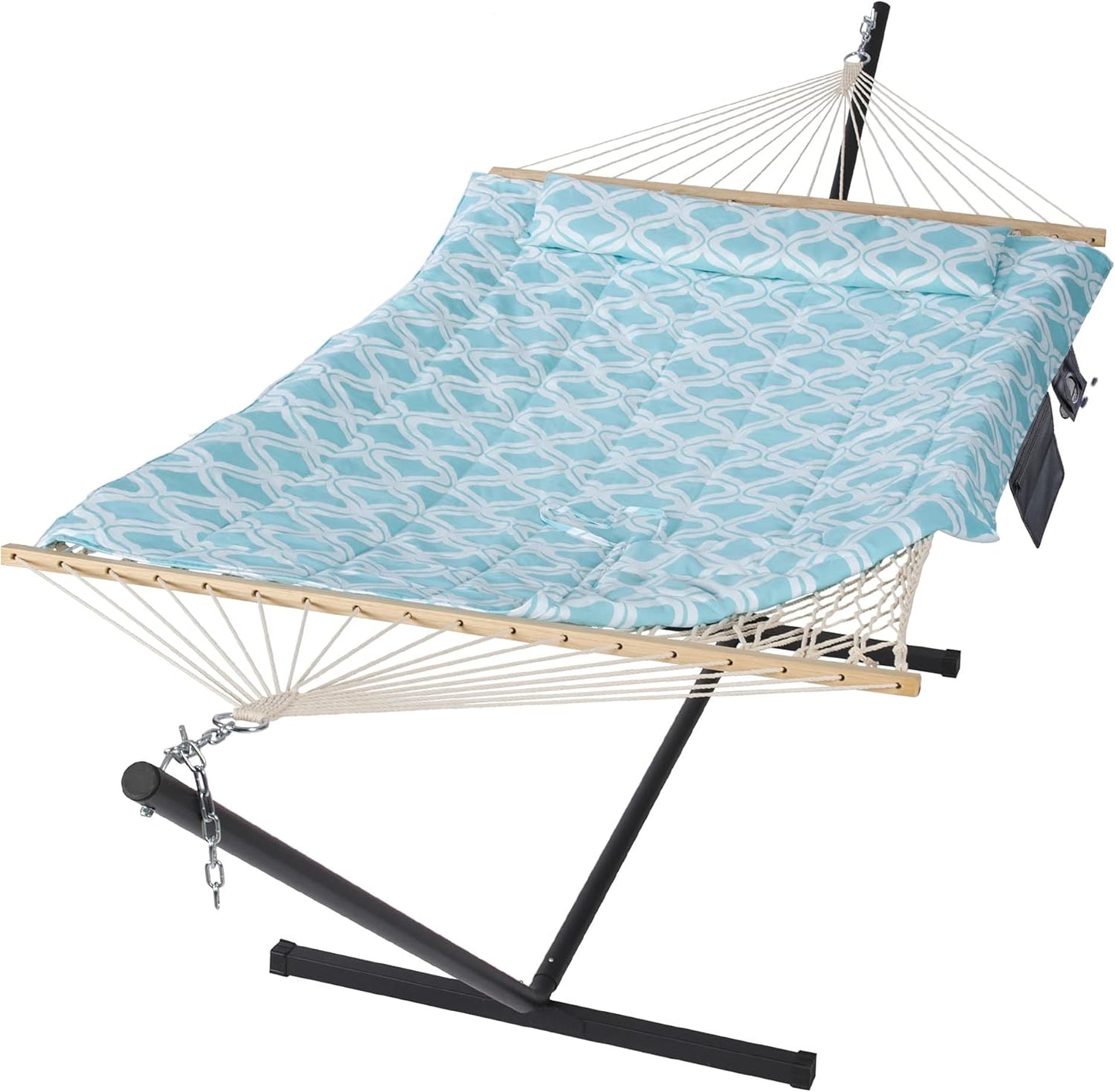 SUNCREAT Double Outdoor Hammock with Stand, Two Person Cotton Rope Hammock with Polyester Pad, Dark Gray
