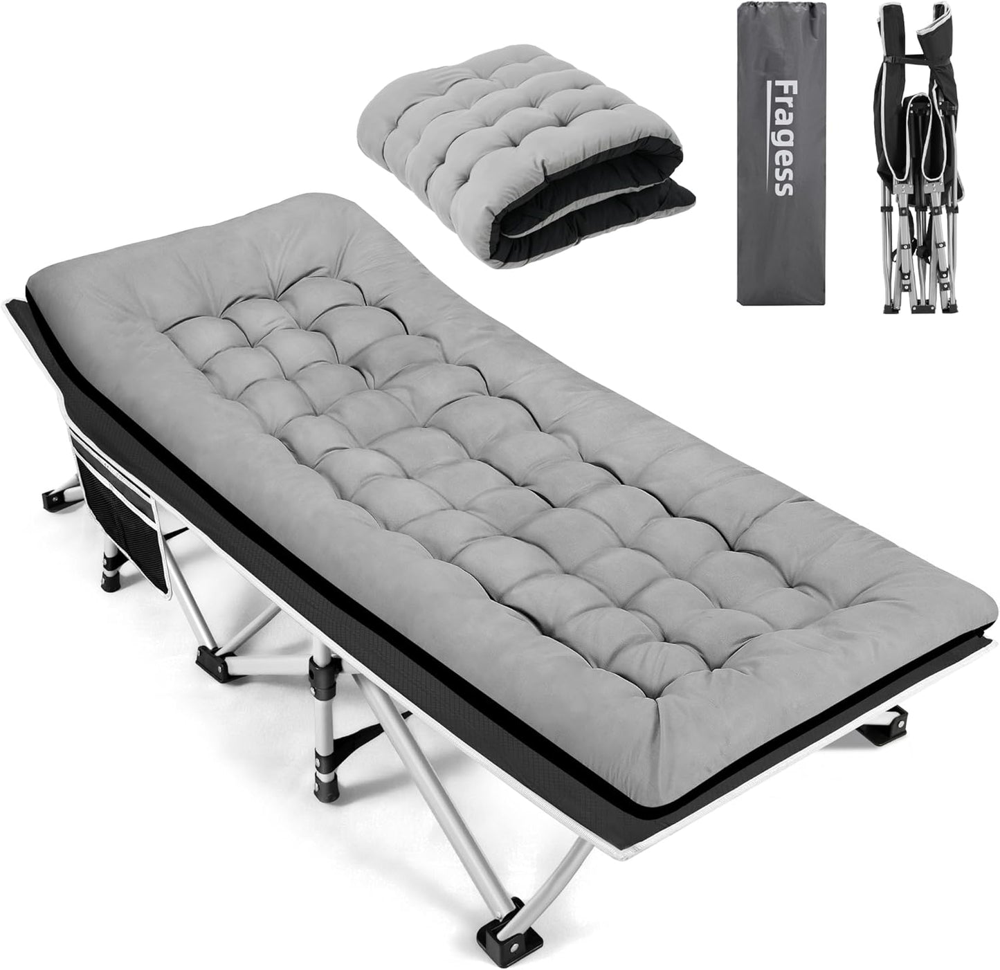 Portable Camping Cot, 600LBS Max Load, Extra Wide with Thick Mattress, Folding Cot for Outdoor Camping/Office, Home Nap (Grey)