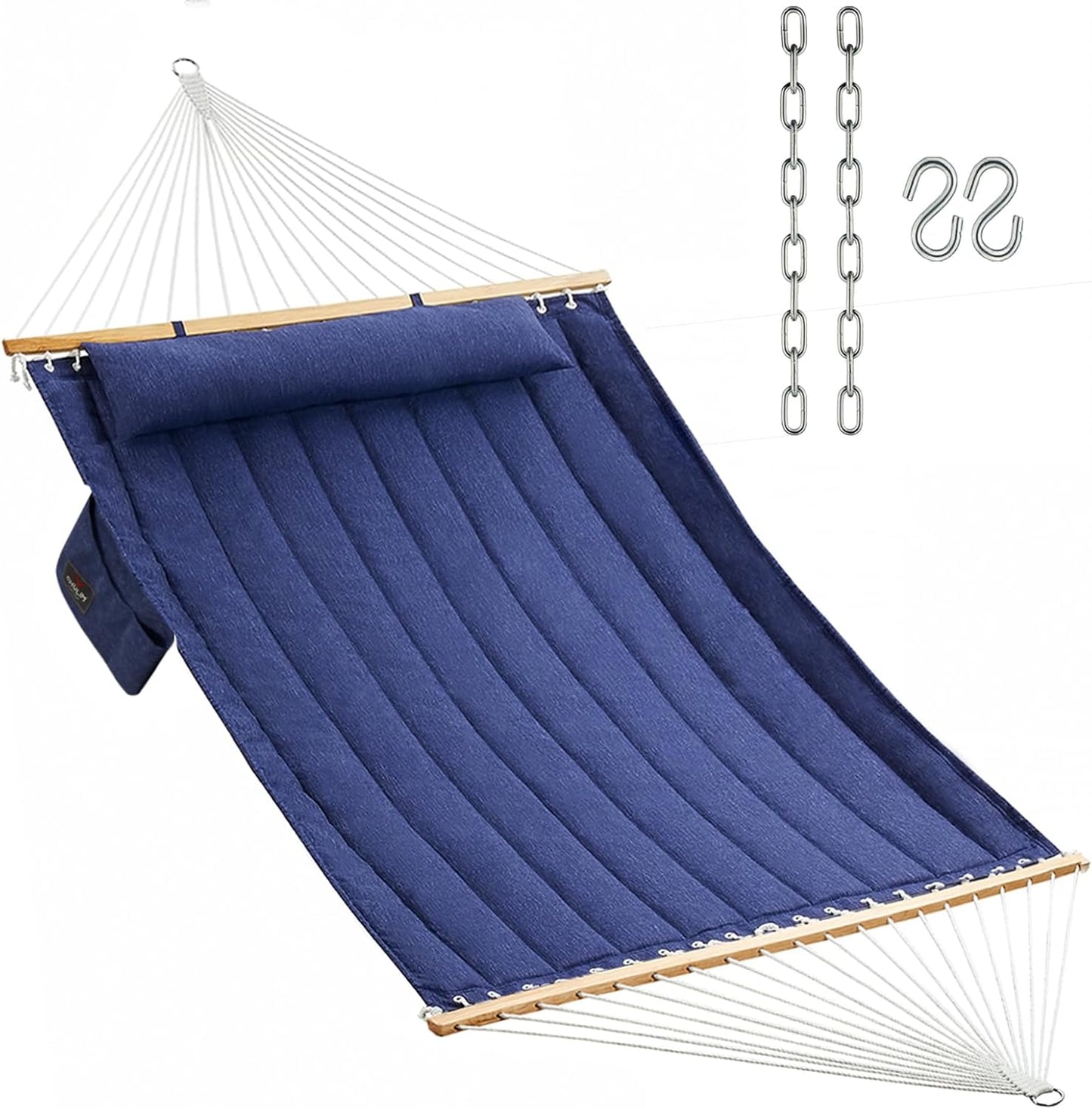 Double Quilted Fabric Hammock with Hardwood Spreader Bars and Pillow 450 LBS Capacity 2 Person Large Hammock for Outdoor Patio Backyard Poolside - Green