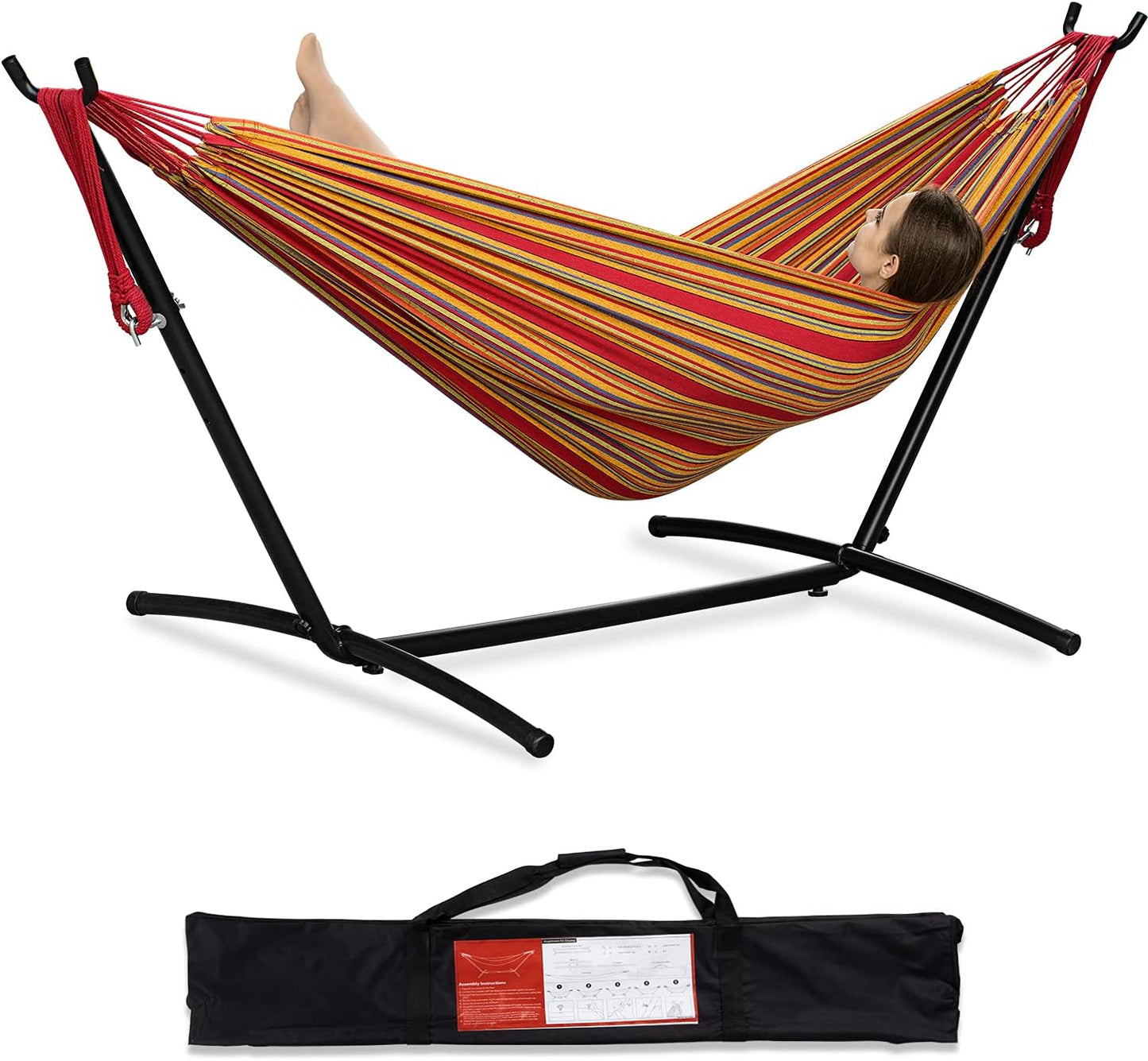 PNAEUT Double Hammocks with Stand for Outside, Portable Space Saving Heavy-Duty Steel Stand for Indoor Outdoor Patio with Carrying Bag, 450 lbs Capacity (Coffee)
