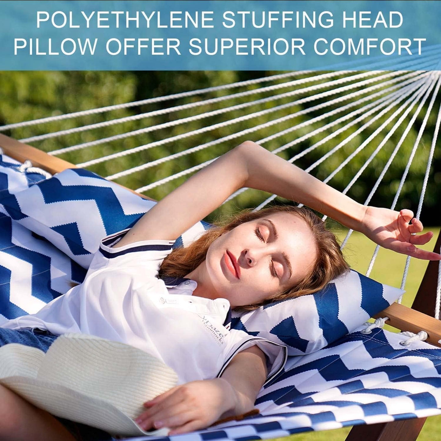 Lazy Daze Hammocks 12 FT Double Quilted Hammock with Spreader Bars and Detachable Pillow, 2 Person Hammock for Outdoor Patio Backyard Poolside, 450 LBS Weight Capacity, Blue Chevron Stripe