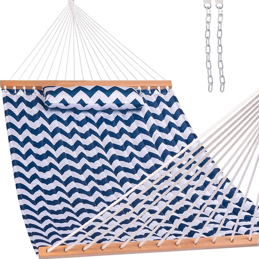 Lazy Daze Hammocks 12 FT Double Quilted Hammock with Spreader Bars and Detachable Pillow, 2 Person Hammock for Outdoor Patio Backyard Poolside, 450 LBS Weight Capacity, Blue Chevron Stripe