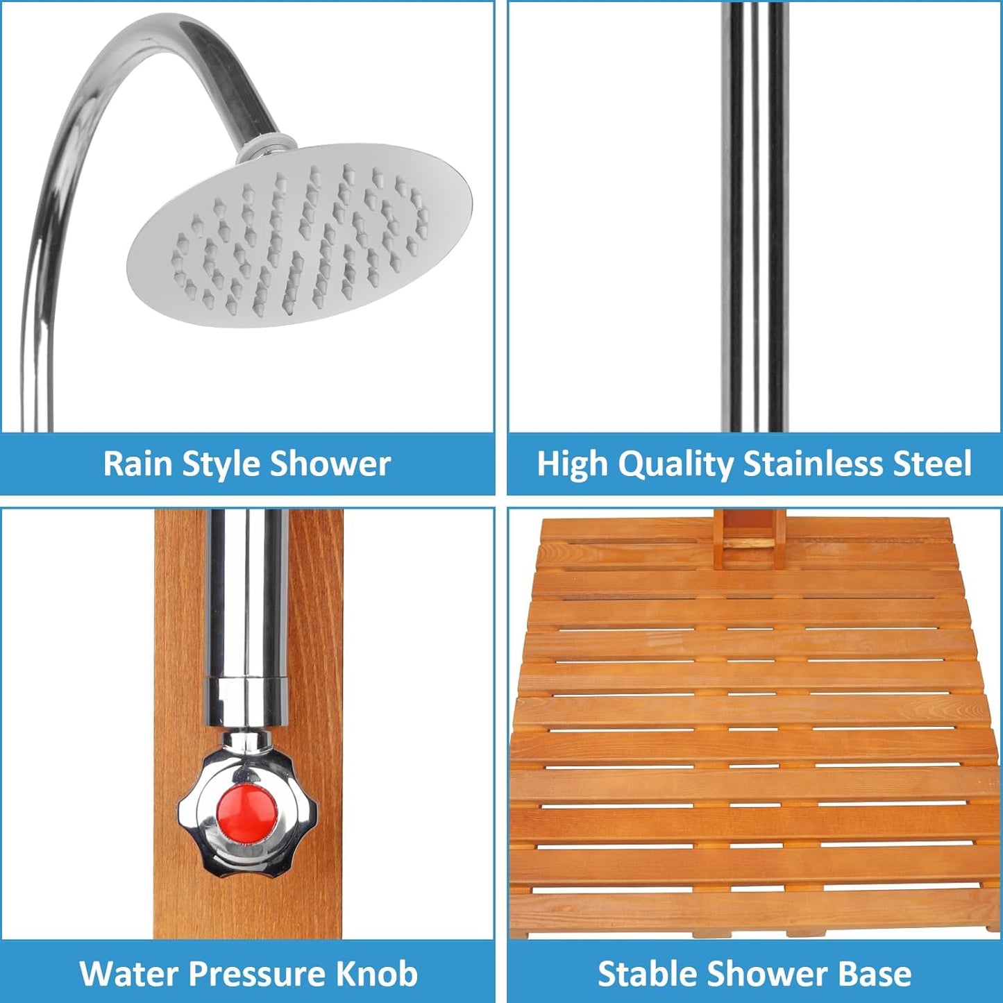 Portable Outdoor Shower Kit with Wooden Base – Backyard, Poolside & Patio Freestanding Shower for Garden or Pool Use