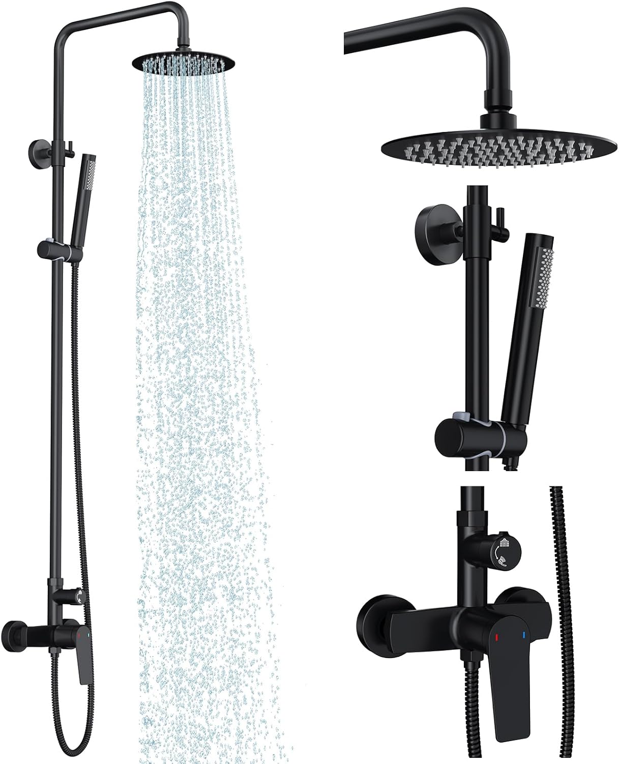 Rainsworth Outdoor Shower Kit Matte Black - Single Handle Brass Valve, 8 Inch Rain Shower Head and Handheld Spray Shower Fixture Combo, 304 Stainless Steel Wall Mount