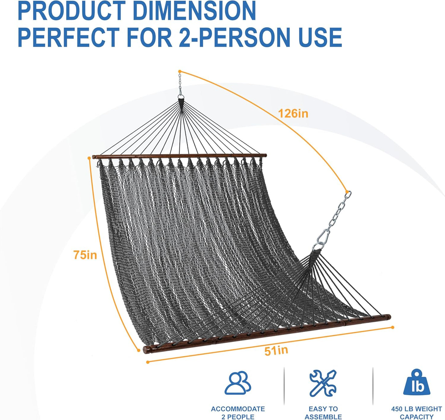 Lazy Daze Hammocks 10.5 FT Double 2 Person Caribbean Rope Hammock, Hand Woven Polyester Hammock with Spreader Bars, for Outside Outdoor Backyard Patio Poolside,450 LBS Capacity, Gray