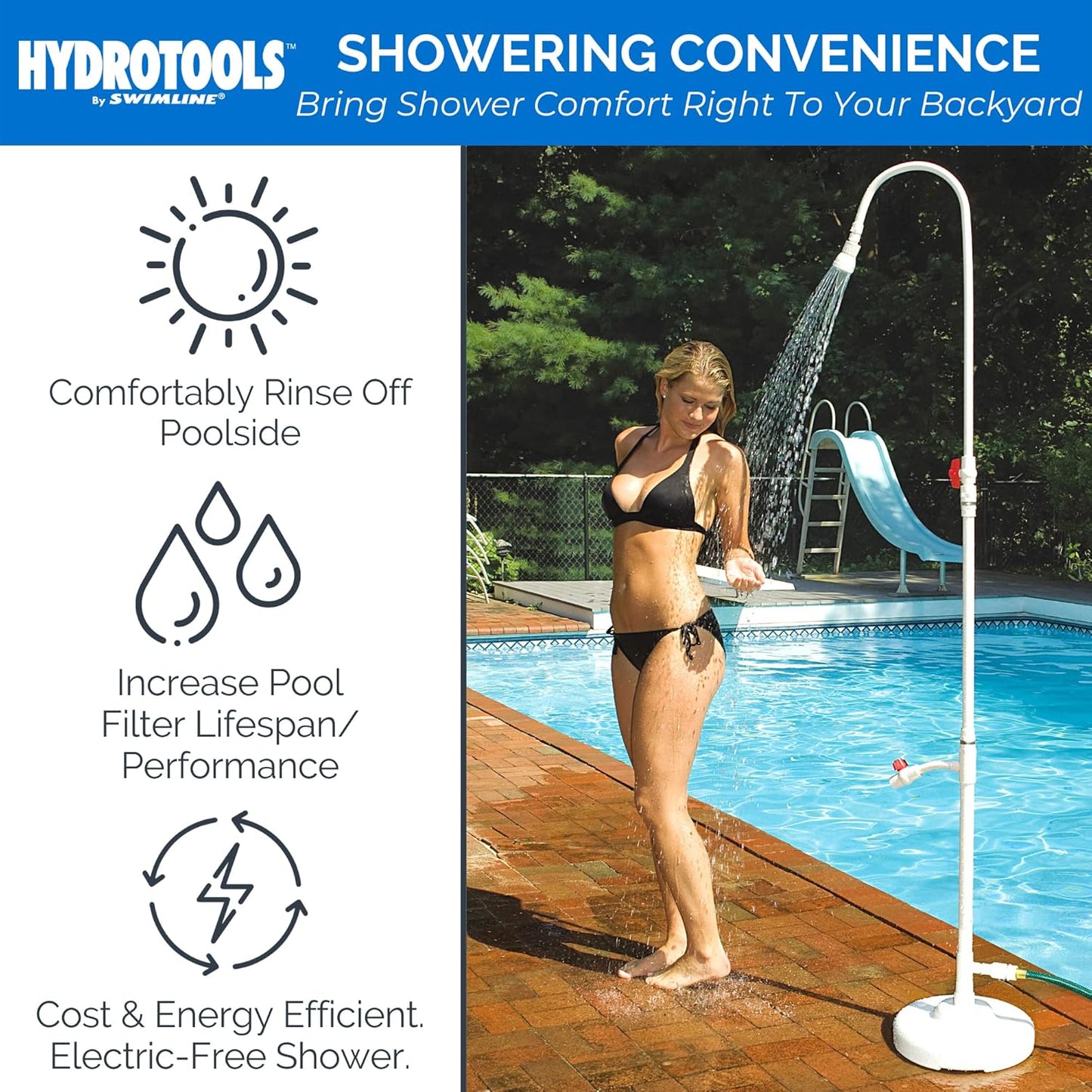 SWIMLINE HYDROTOOLS Tube Style 7 Foot Poolside Shower, Adjustable Head & Foot Tap Spigot With Valve Controls, Standard Garden Hose, Environmentally Friendly, Outdoor Backyard Poolside Beach Spa