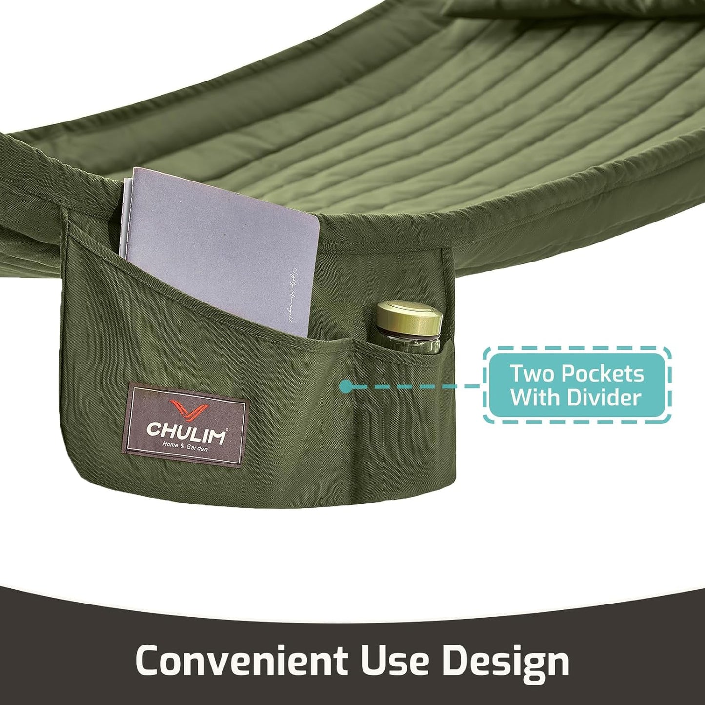 Double Quilted Fabric Hammock with Hardwood Spreader Bars and Pillow 450 LBS Capacity 2 Person Large Hammock for Outdoor Patio Backyard Poolside - Green