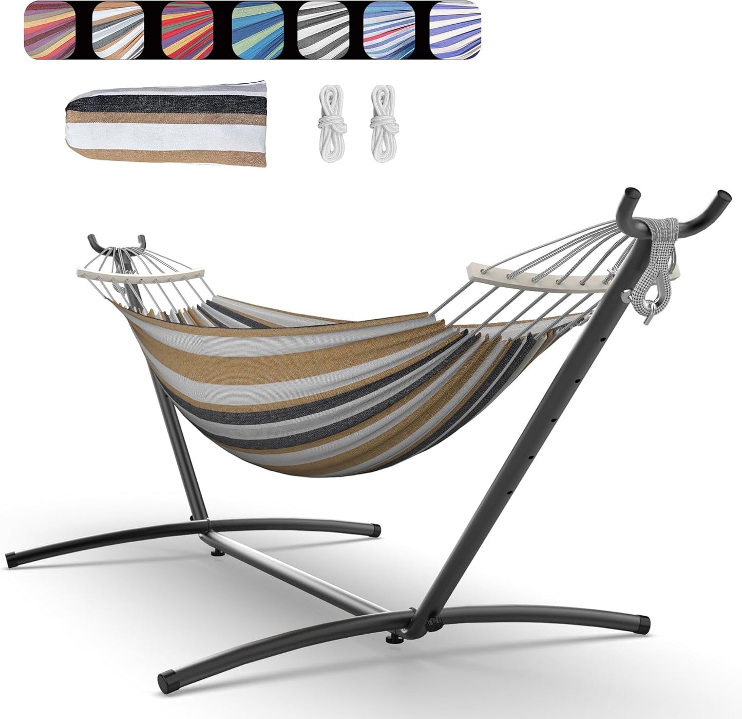 Double Hammock with Heavy-Duty Steel Stand,Portable,Easy Assembly,600lbs Weight Capacity,Perfect for Indoor,Yard,Camping,or Outdoor-Rainbow