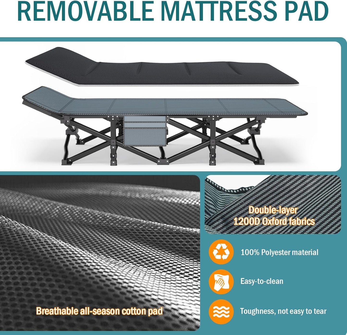 Camping Cot for Adults, Folding Bed with Comfortable Cushion, Tent Portable Sleeping Bed with Carry Bag for Camp, Office Use, Outdoor, Traveling Supports 450 lbs