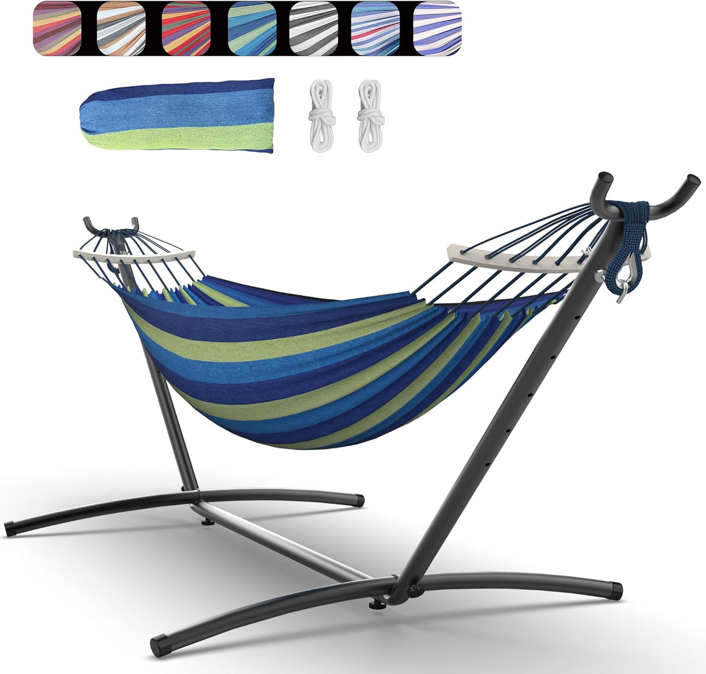 Double Hammock with Heavy-Duty Steel Stand,Portable,Easy Assembly,600lbs Weight Capacity,Perfect for Indoor,Yard,Camping,or Outdoor-Rainbow