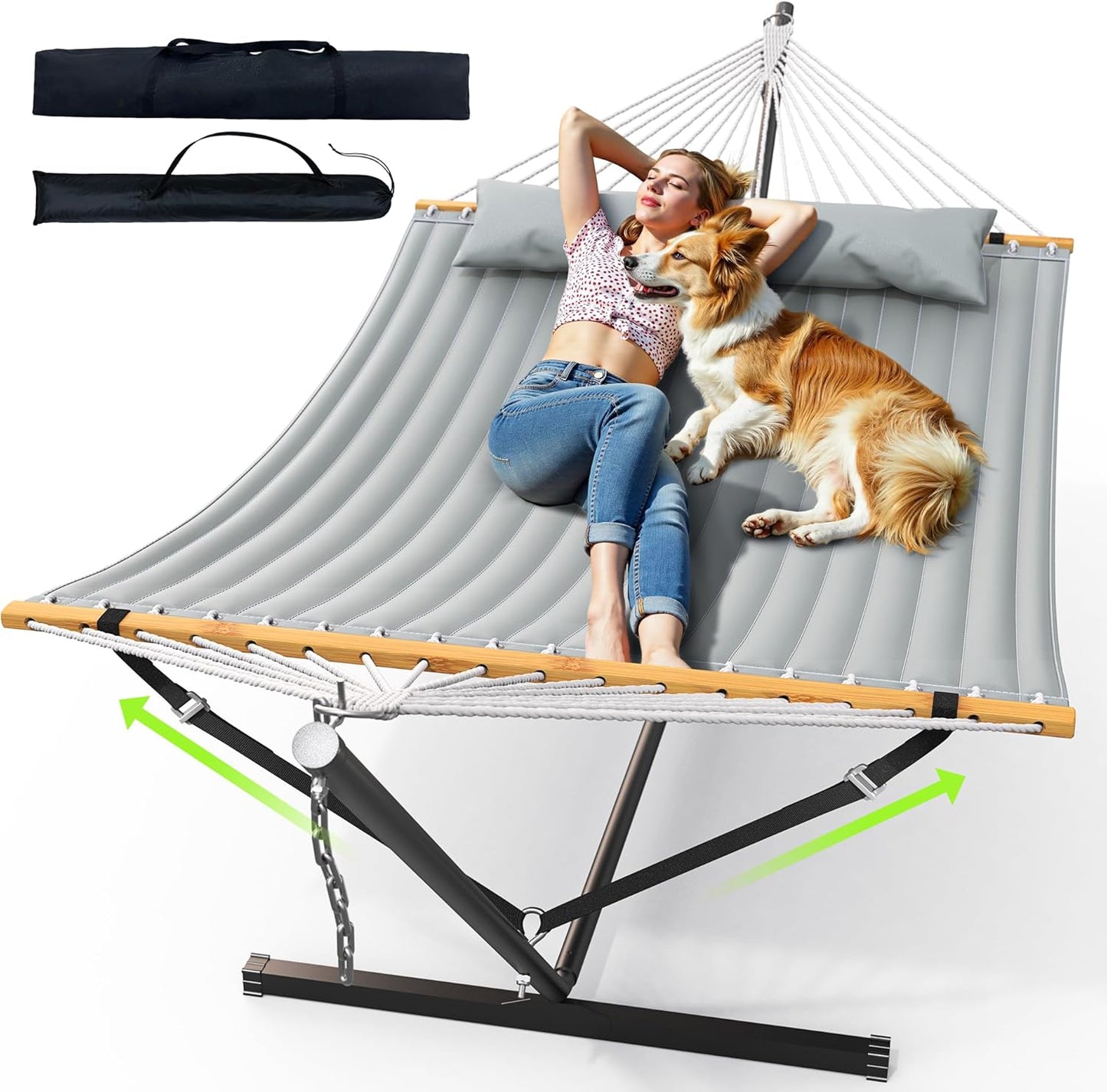 Double Hammock with Stand for Outdoor, Heavy Duty Portable Hammock with Adjustable Steel Stand for Patio, Garden, Beach, Backyard - Includes Carrying Bag,White Grey