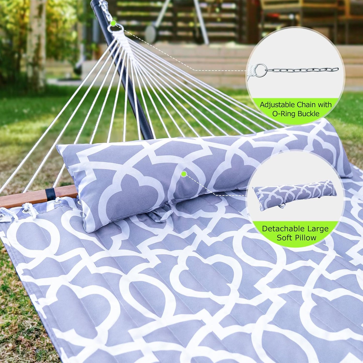 Double Hammock with Stand for Outdoor, Heavy Duty Portable Hammock with Adjustable Steel Stand for Patio, Garden, Beach, Backyard - Includes Carrying Bag,White Grey