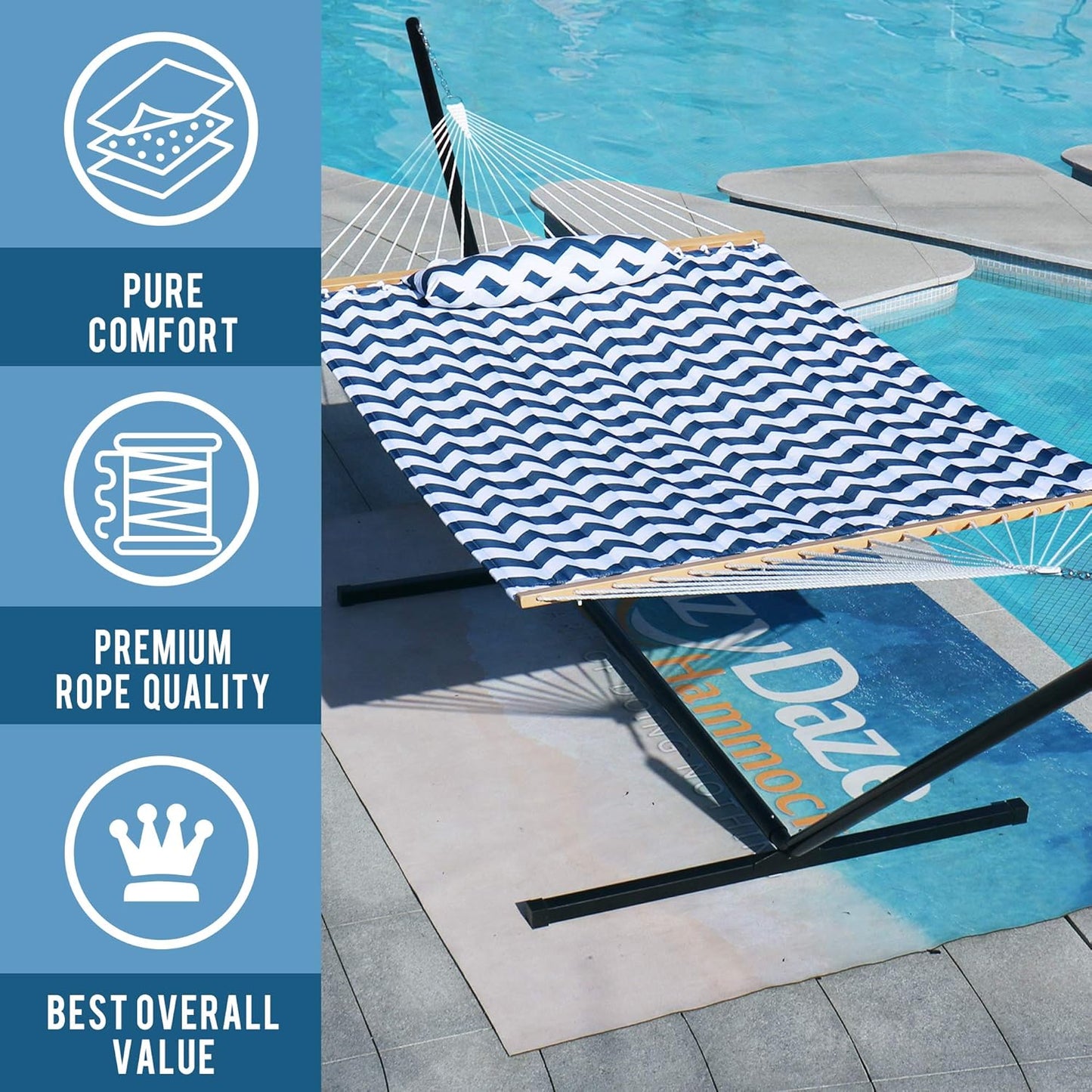 Lazy Daze Hammocks 12 FT Double Quilted Hammock with Spreader Bars and Detachable Pillow, 2 Person Hammock for Outdoor Patio Backyard Poolside, 450 LBS Weight Capacity, Blue Chevron Stripe