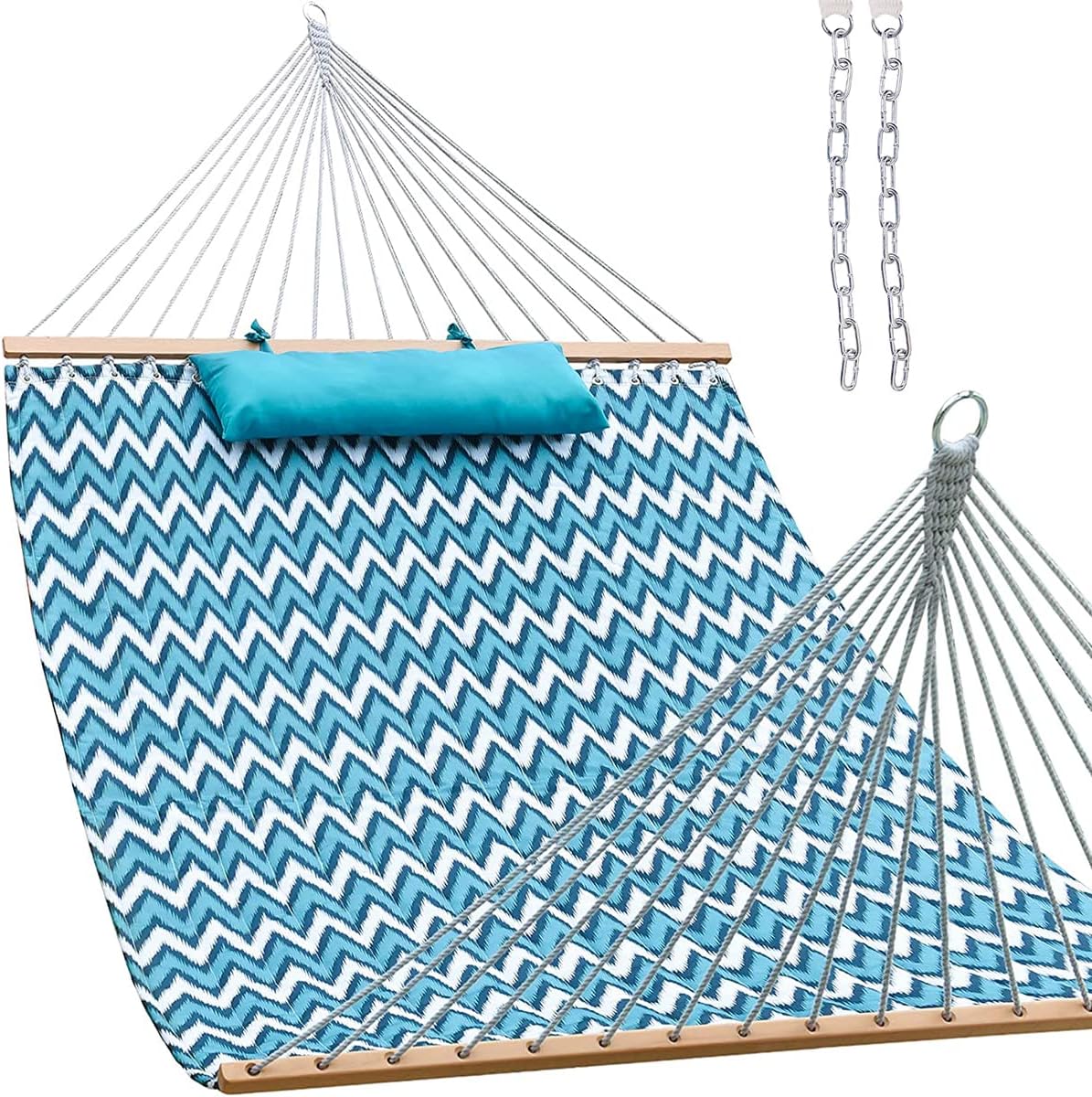 Lazy Daze Hammocks 12 FT Double Quilted Hammock with Spreader Bars and Detachable Pillow, 2 Person Hammock for Outdoor Patio Backyard Poolside, 450 LBS Weight Capacity, Blue Chevron Stripe