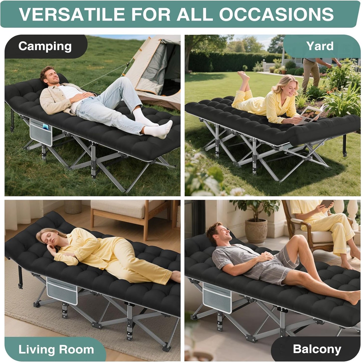 ZENPETIO Camping Cot for Adults, Heavy-Duty Portable Cot Bed with Mattress, Foldable Padded Sleeping Cots for Camping Travel Tent Day Bed Outdoor & Home Guest, Max Load 500 LBS, 75x28x15”