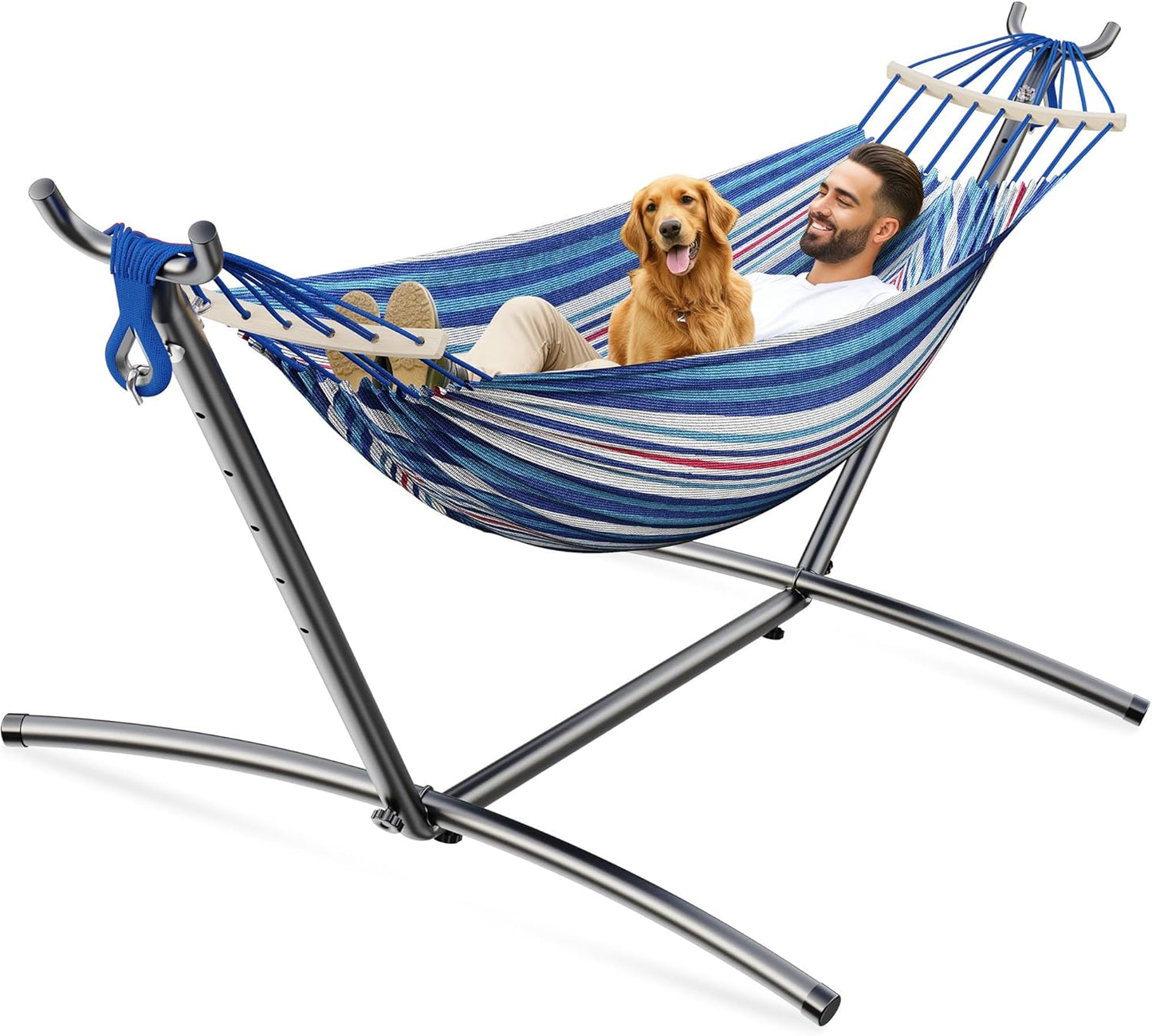 Double Hammock, Heavy Duty Portable, 500 lb Weight Capacity, Perfect for Both Indoors and Outdoors, 2 Person Hammock with Carrying Bag, Wide Blue