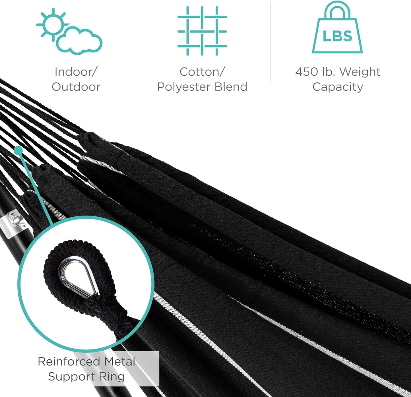 Best Choice Products Double Hammock with Steel Stand, Indoor Outdoor Brazilian-Style Cotton Bed w/Carrying Bag, 2-Person Capacity - Onyx