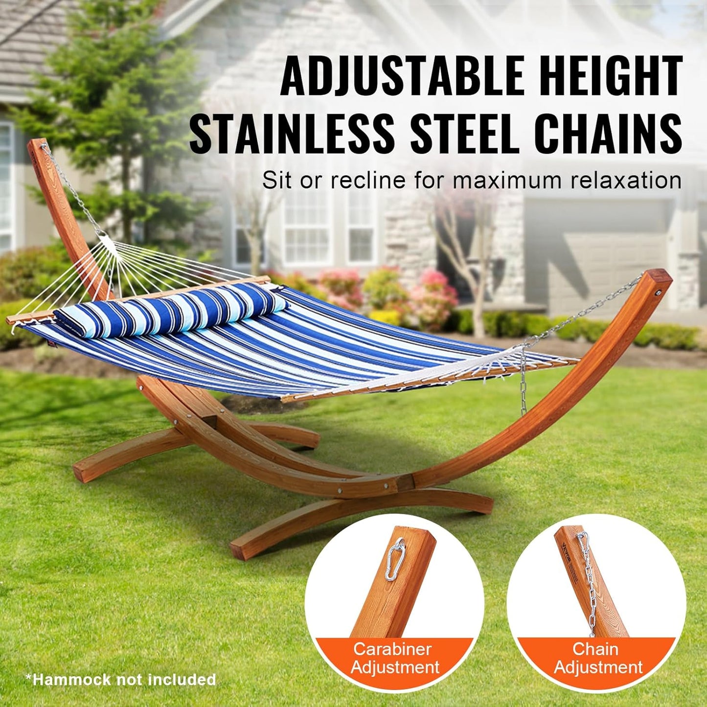 VEVOR Wooden Hammock Stand, 475 lbs Capacity Universal 2 Person Hammock Frame Fits 9-13 ft Hammocks, Larch Wood Arc Adjustable Stand for Hammock with Chain and Carabiner, for Outdoor and Indoor