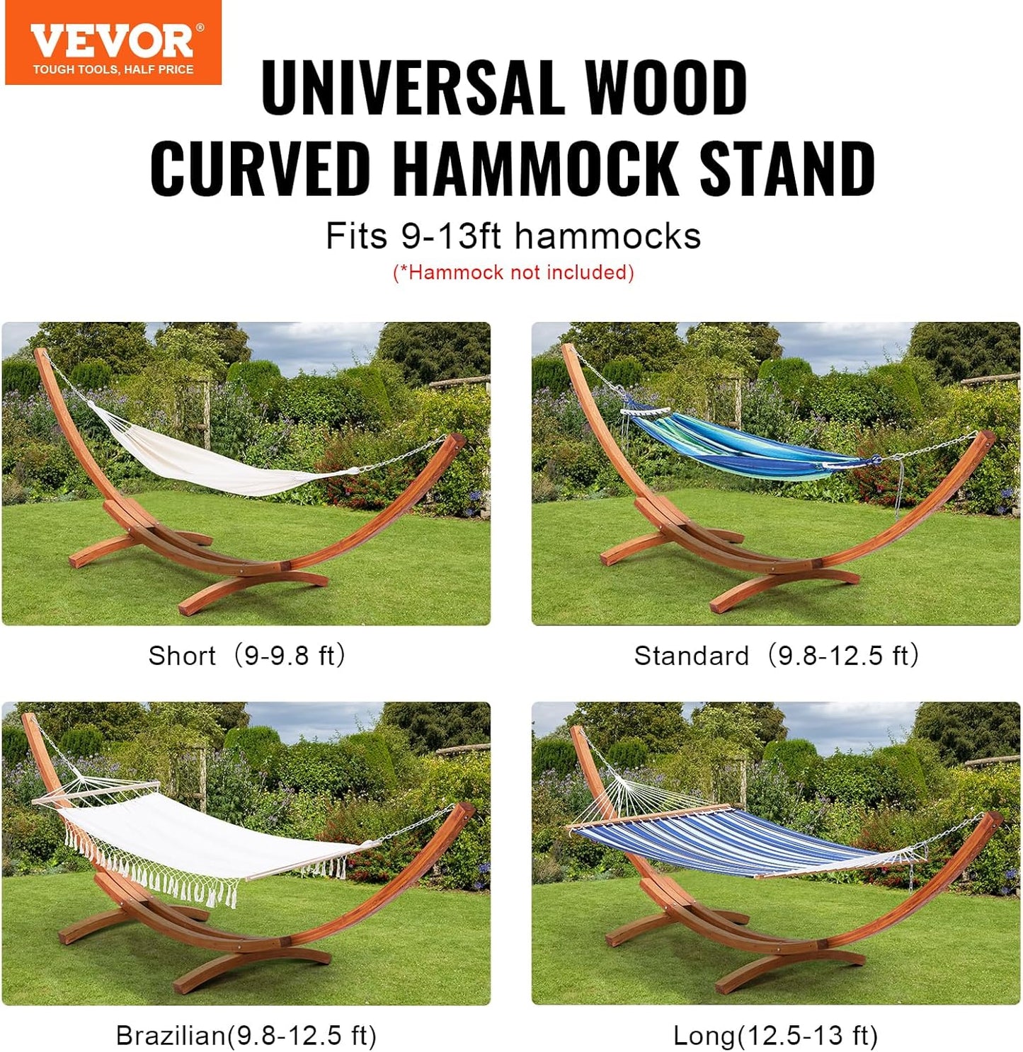 VEVOR Wooden Hammock Stand, 475 lbs Capacity Universal 2 Person Hammock Frame Fits 9-13 ft Hammocks, Larch Wood Arc Adjustable Stand for Hammock with Chain and Carabiner, for Outdoor and Indoor