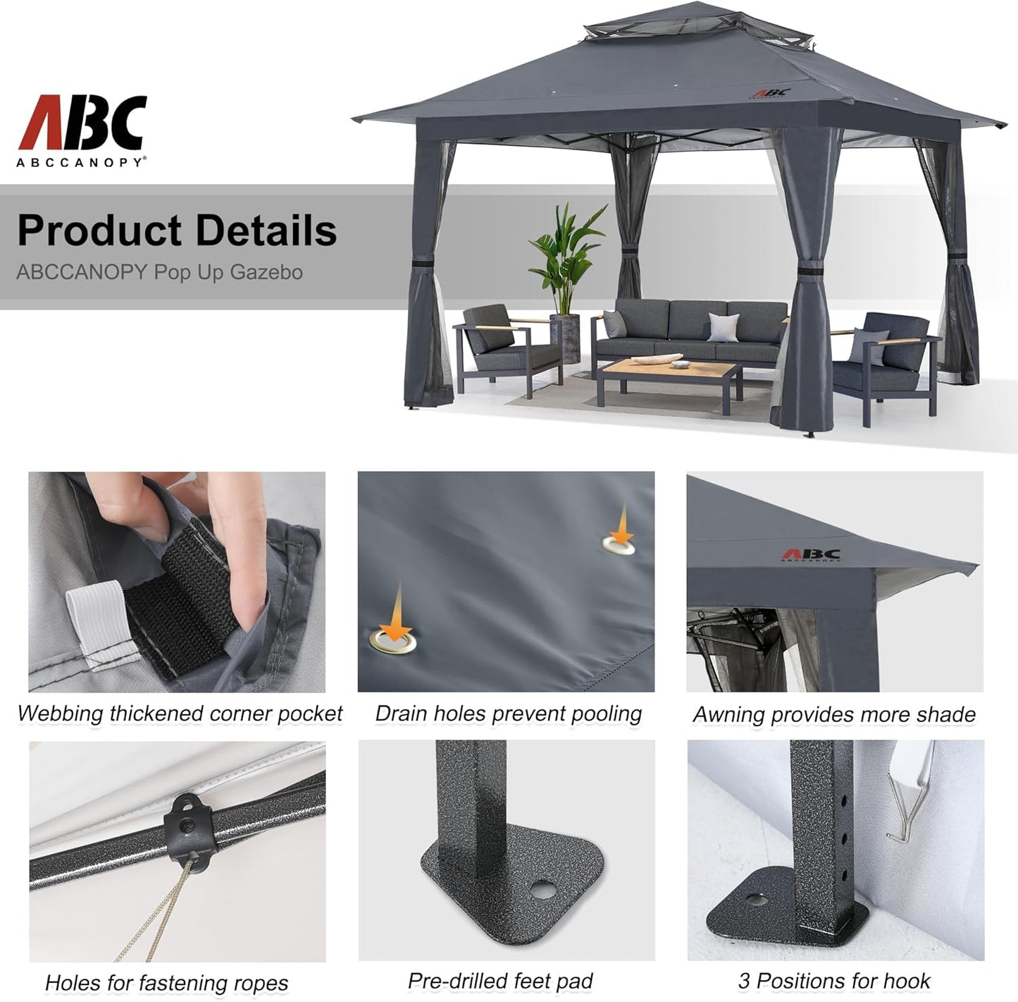ABCCANOPY 13x13 Pop Up Gazebo, Outdoor Canopy Tent, Instant Screened Shelter with Mosquito Netting for Patio, Garden, Backyard, Party, Camping (Dark Gray)