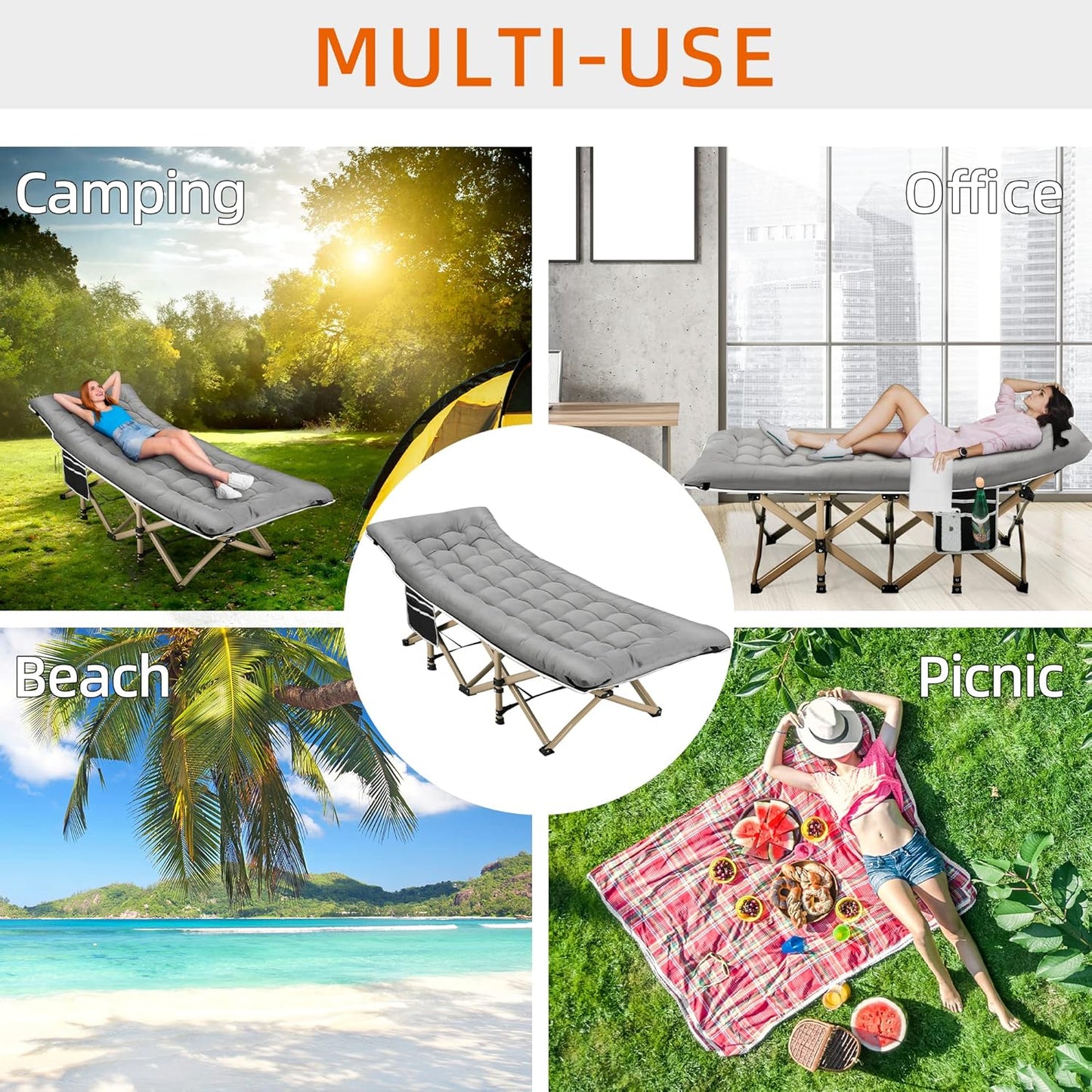 Portable Camping Cot, 600LBS Max Load, Extra Wide with Thick Mattress, Folding Cot for Outdoor Camping/Office, Home Nap (Grey)