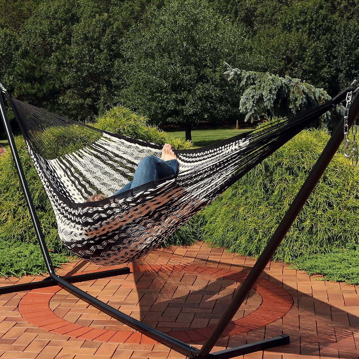 Sunnydaze Handwoven XXL Thick Cord Mayan Double Hammock for Outside - 625-Pound Capacity Heavy-Duty Outdoor Hammock - Black/Natural