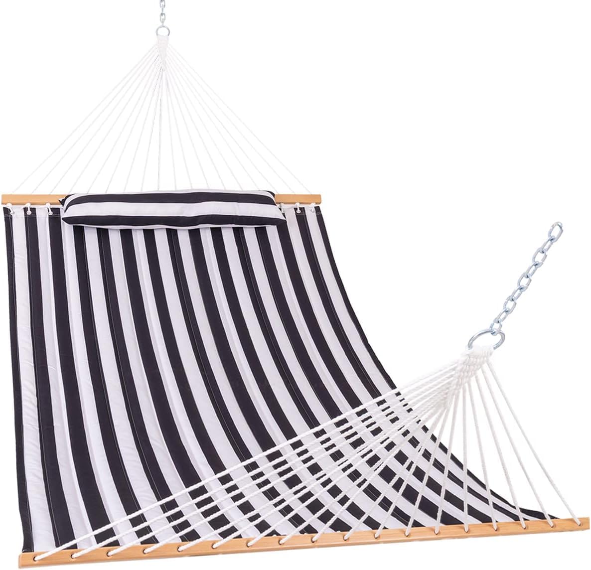 Lazy Daze Hammocks 12 FT Double Quilted Hammock with Spreader Bars and Detachable Pillow, 2 Person Hammock for Outdoor Patio Backyard Poolside, 450 LBS Weight Capacity, Blue Chevron Stripe