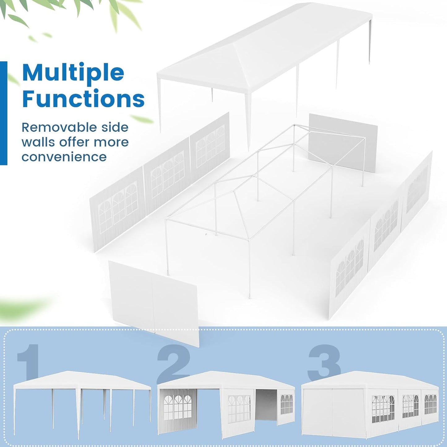 Tangkula Heavy Duty Party Tent - 10x30 Ft White Event Tent with 6 Sidewalls & 2 Zippered Doors, Ideal for Outdoor Weddings, Parties & Backyard Events
