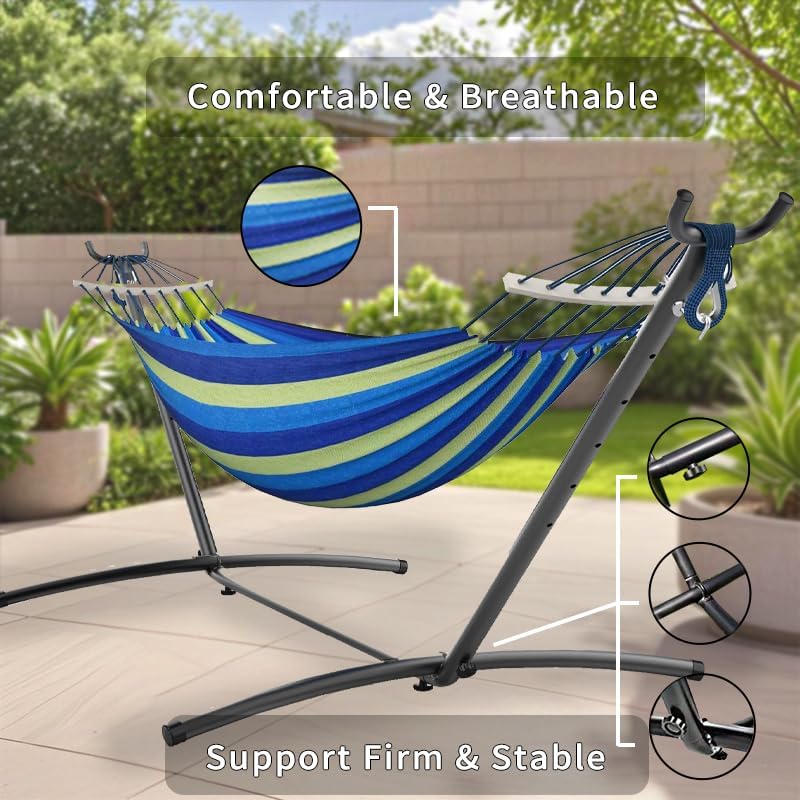 Double Hammock, Heavy Duty Portable, 500 lb Weight Capacity, Perfect for Both Indoors and Outdoors, 2 Person Hammock with Carrying Bag, Wide Blue