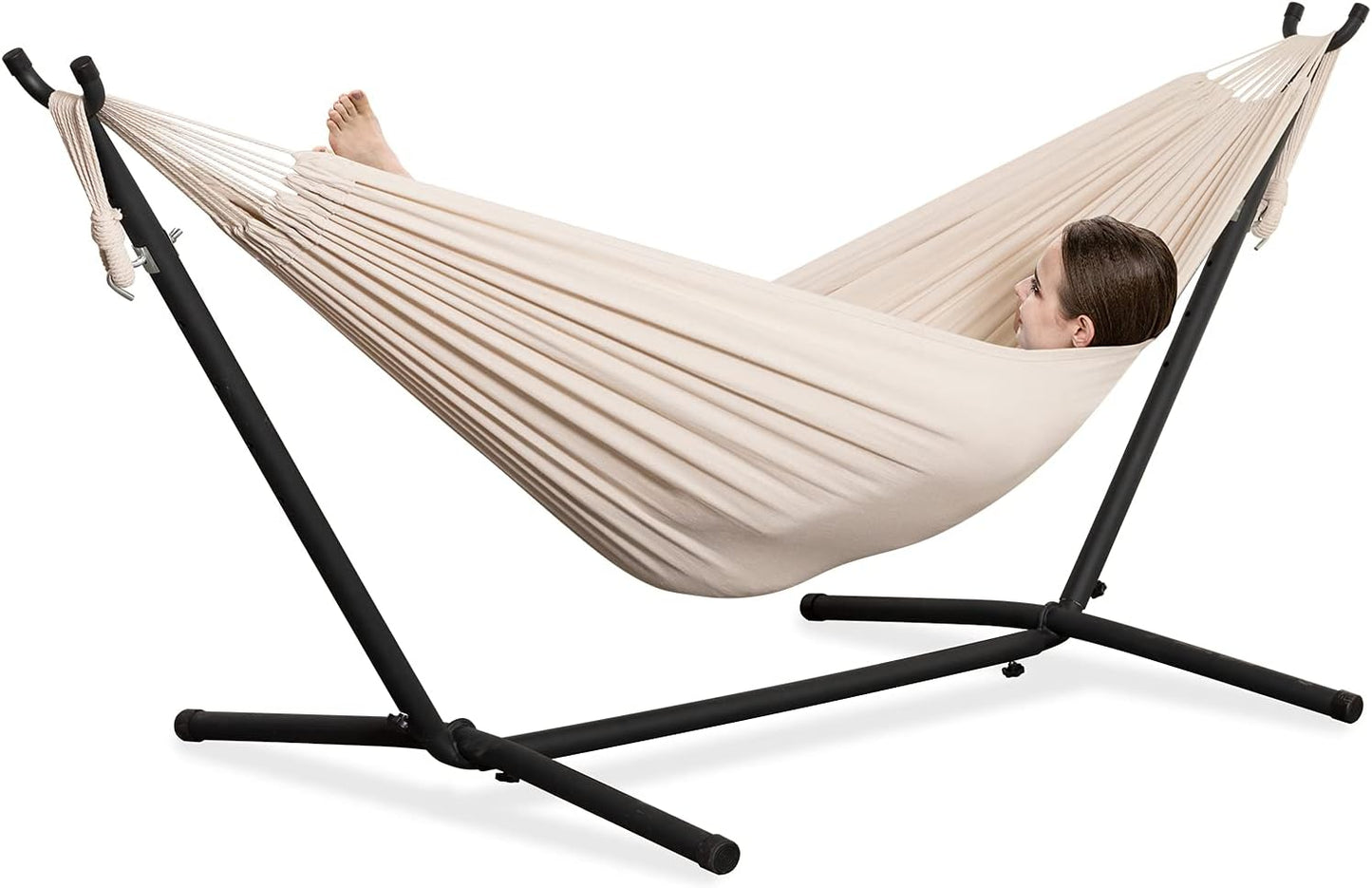 PNAEUT Double Hammocks with Stand for Outside, Portable Space Saving Heavy-Duty Steel Stand for Indoor Outdoor Patio with Carrying Bag, 450 lbs Capacity (Coffee)